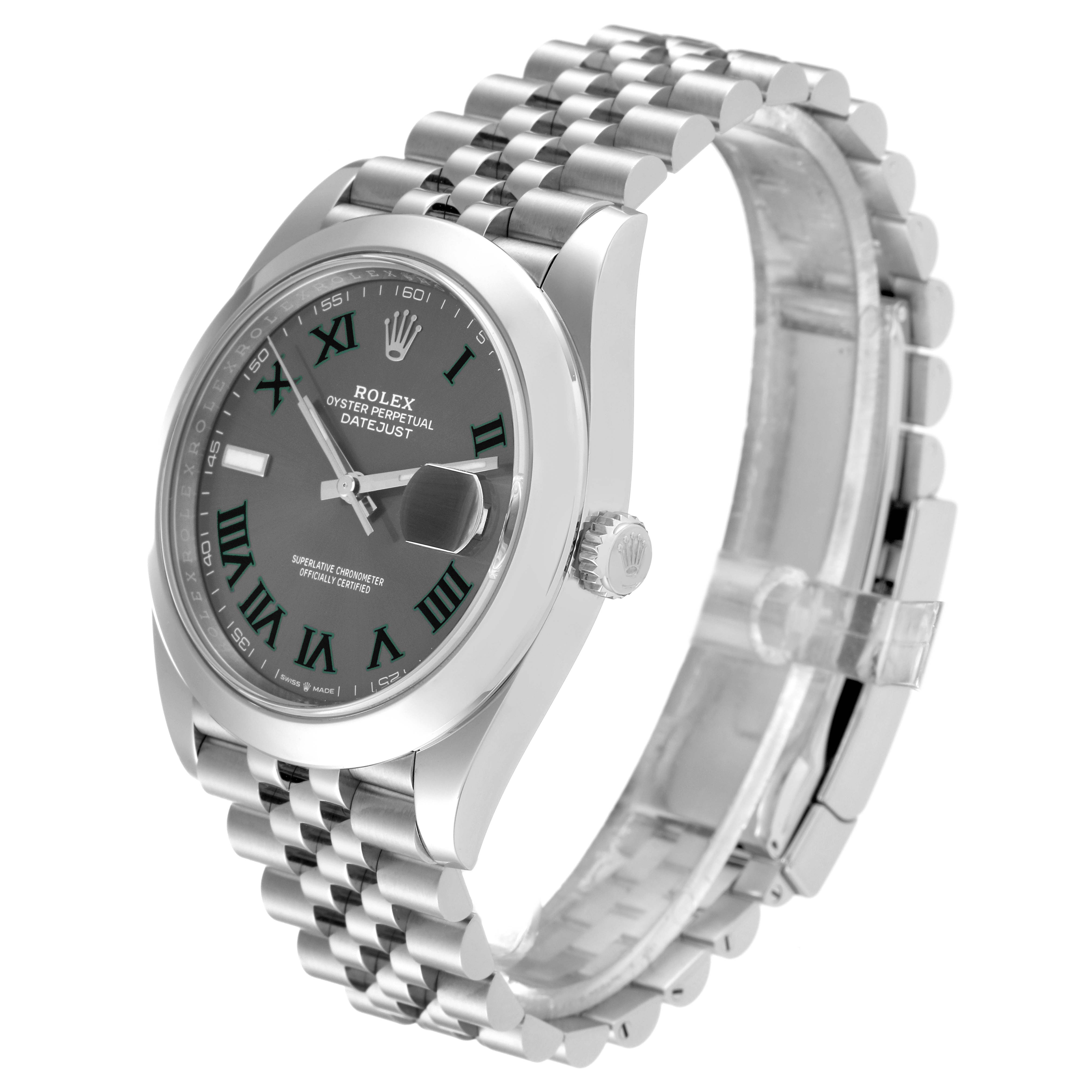 The image shows a Rolex Datejust 41 126300 Men
s Stainless Steel Grey Dial 126300 Men
s Stainless Steel Grey Dial watch at a three-quarter angle, highlighting its dial, bezel, crown, and jubilee bracelet.