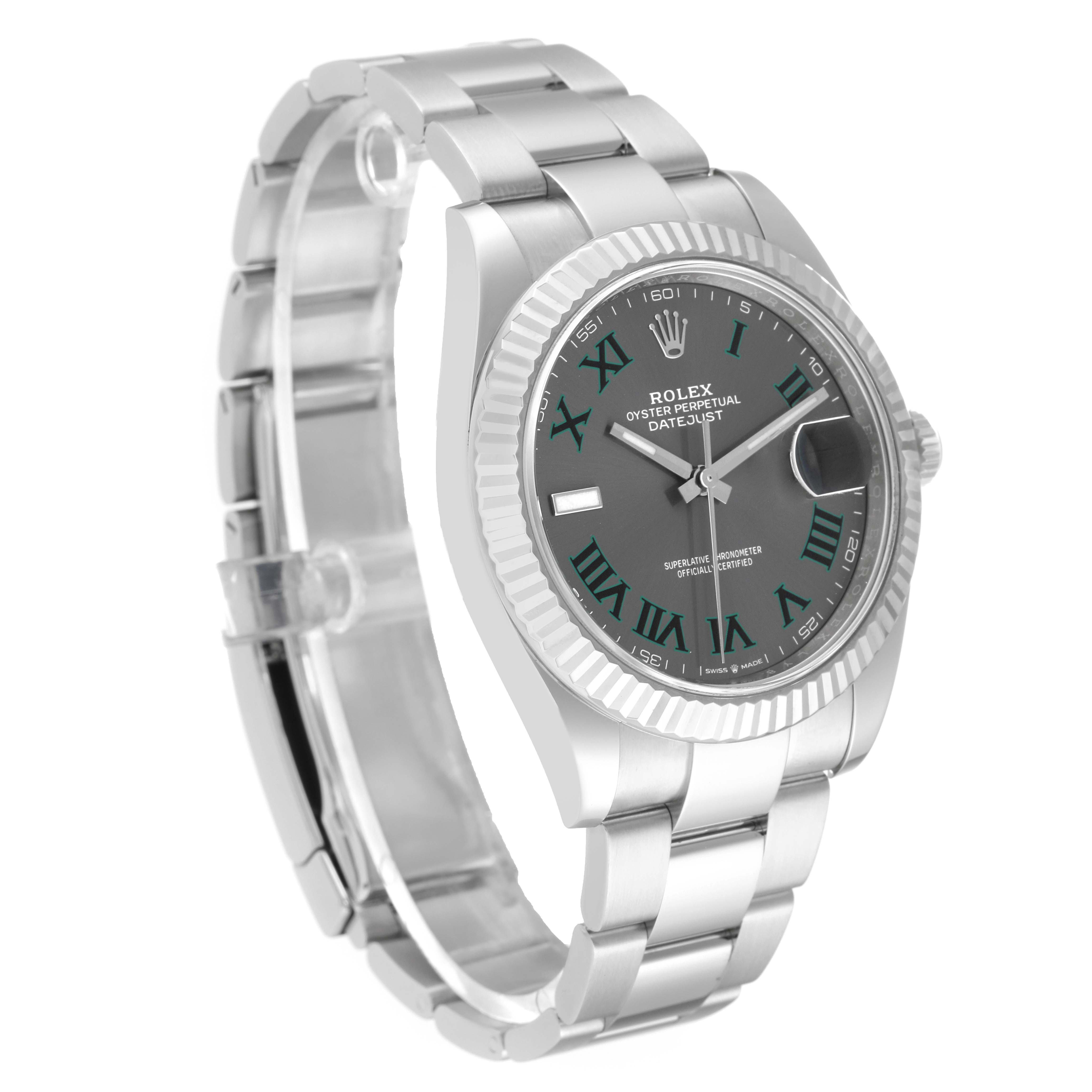 The Rolex Datejust 41 126334 Men
s Stainless Steel Grey Dial 126334 Men
s Stainless Steel Grey Dial model is shown at a three-quarter angle, highlighting the watch face, bezel, and bracelet.