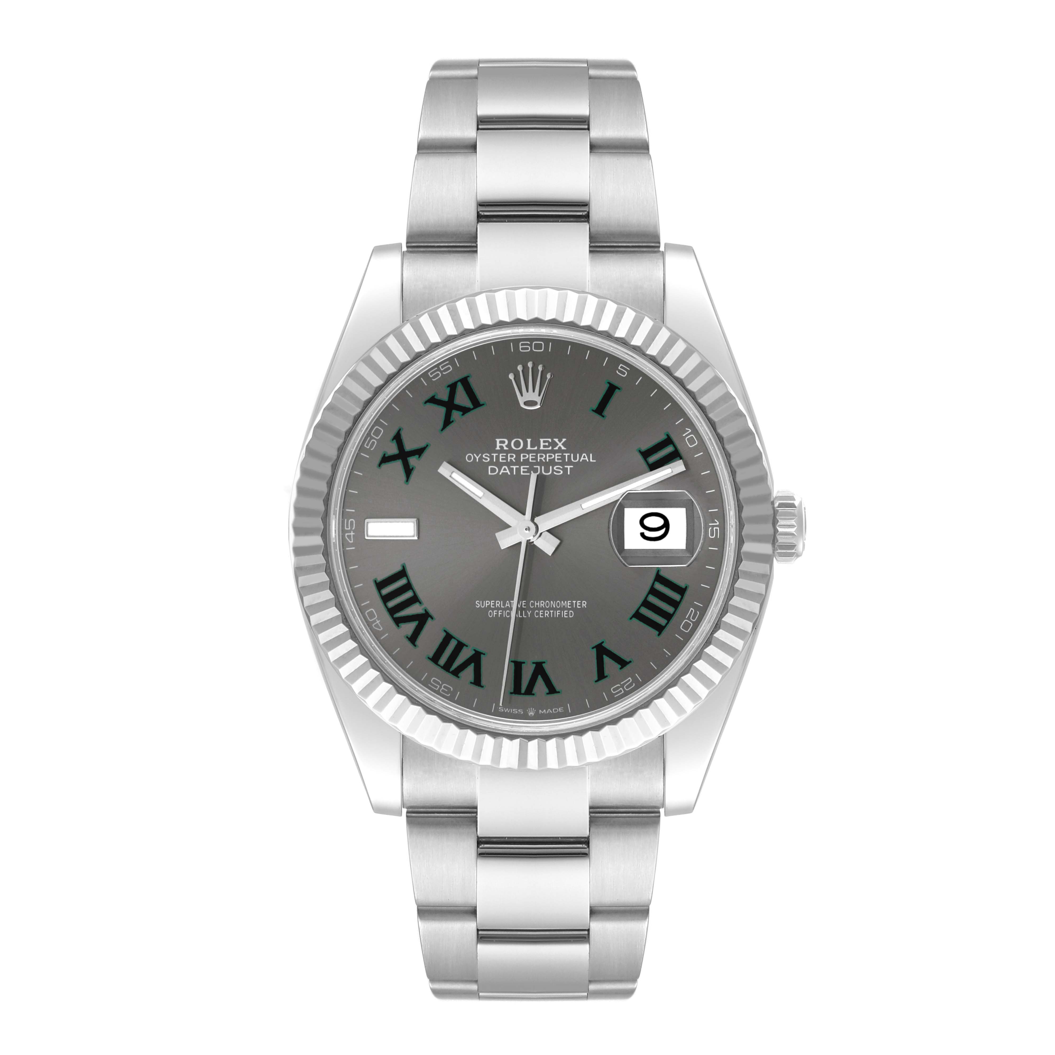 The image shows a front view of the Rolex Datejust 41 126334 Men
s Stainless Steel Grey Dial 126334 Men
s Stainless Steel Grey Dial, highlighting the watch face, bezel, crown, and bracelet.