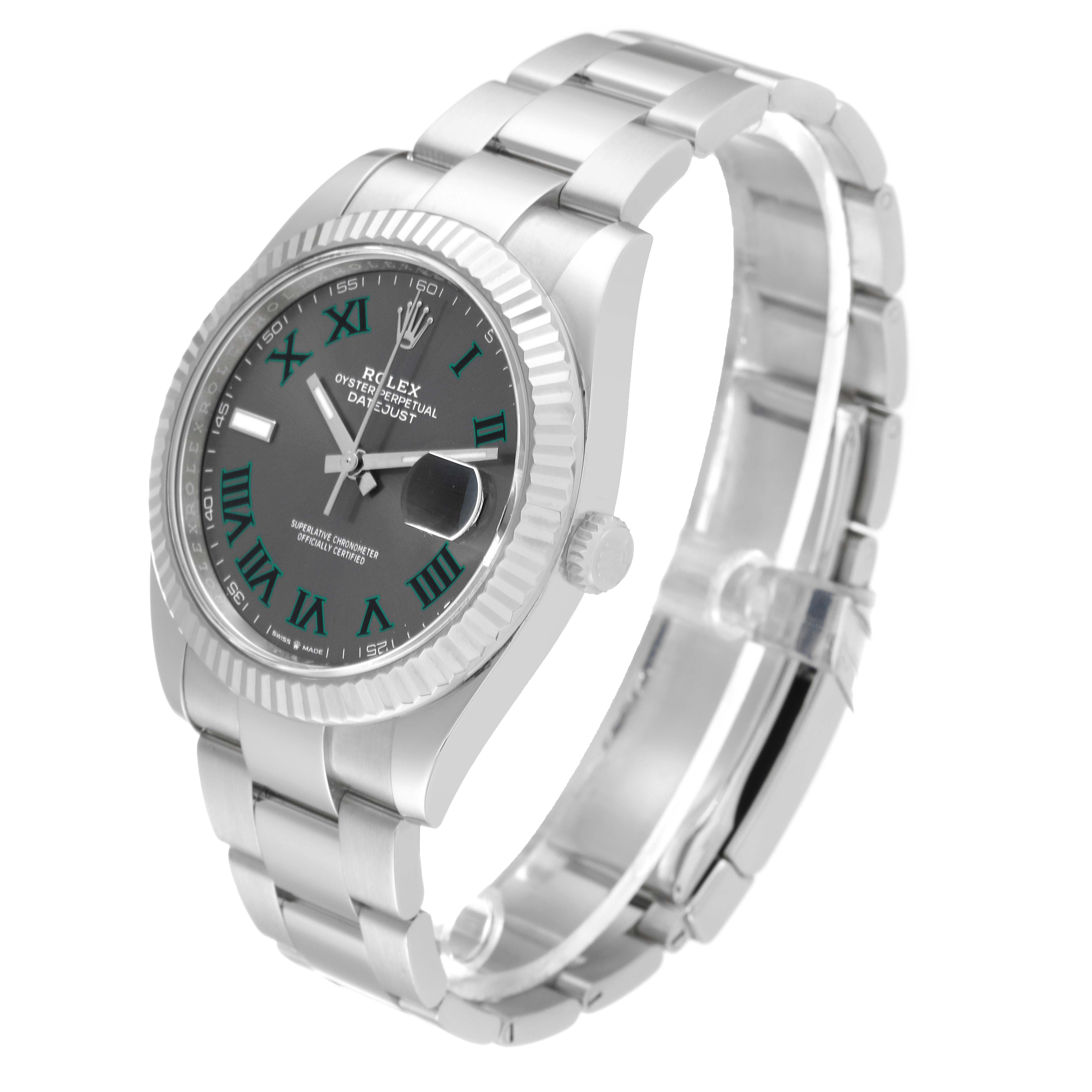 The image shows a Rolex Datejust 41 126334 Men
s Stainless Steel Grey Dial 126334 Men
s Stainless Steel Grey Dial watch at a three-quarter angle, highlighting the dial, bracelet, bezel, and case.