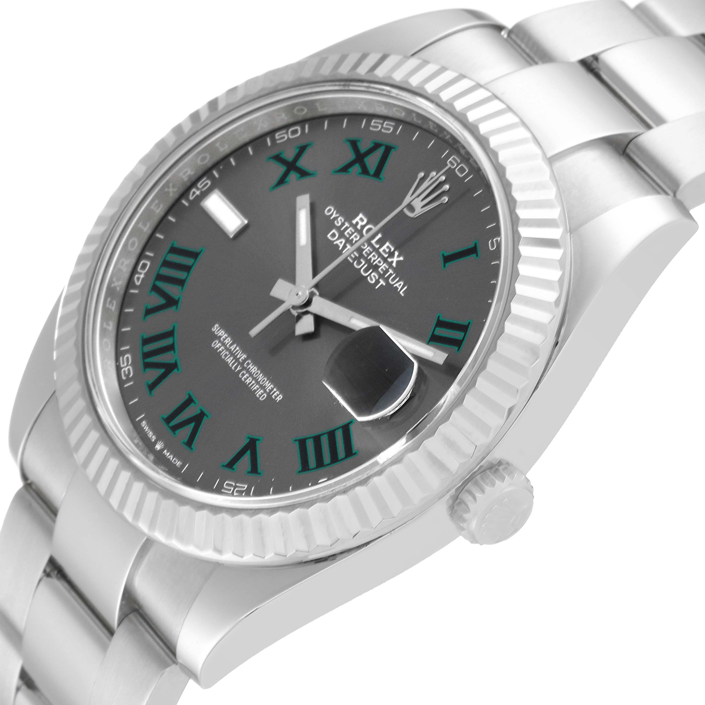 The image shows a close-up, angled view of the face and part of the bracelet of a Rolex Datejust 41 126334 Men
s Stainless Steel Grey Dial 126334 Men
s Stainless Steel Grey Dial watch.