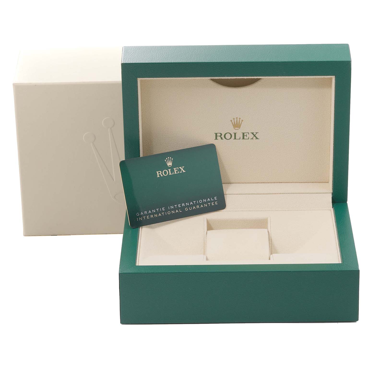 The image shows the packaging of a Rolex Datejust 41 126334 Men
s Stainless Steel Grey Dial 126334 Men
s Stainless Steel Grey Dial watch, including its green and beige box and international guarantee card.