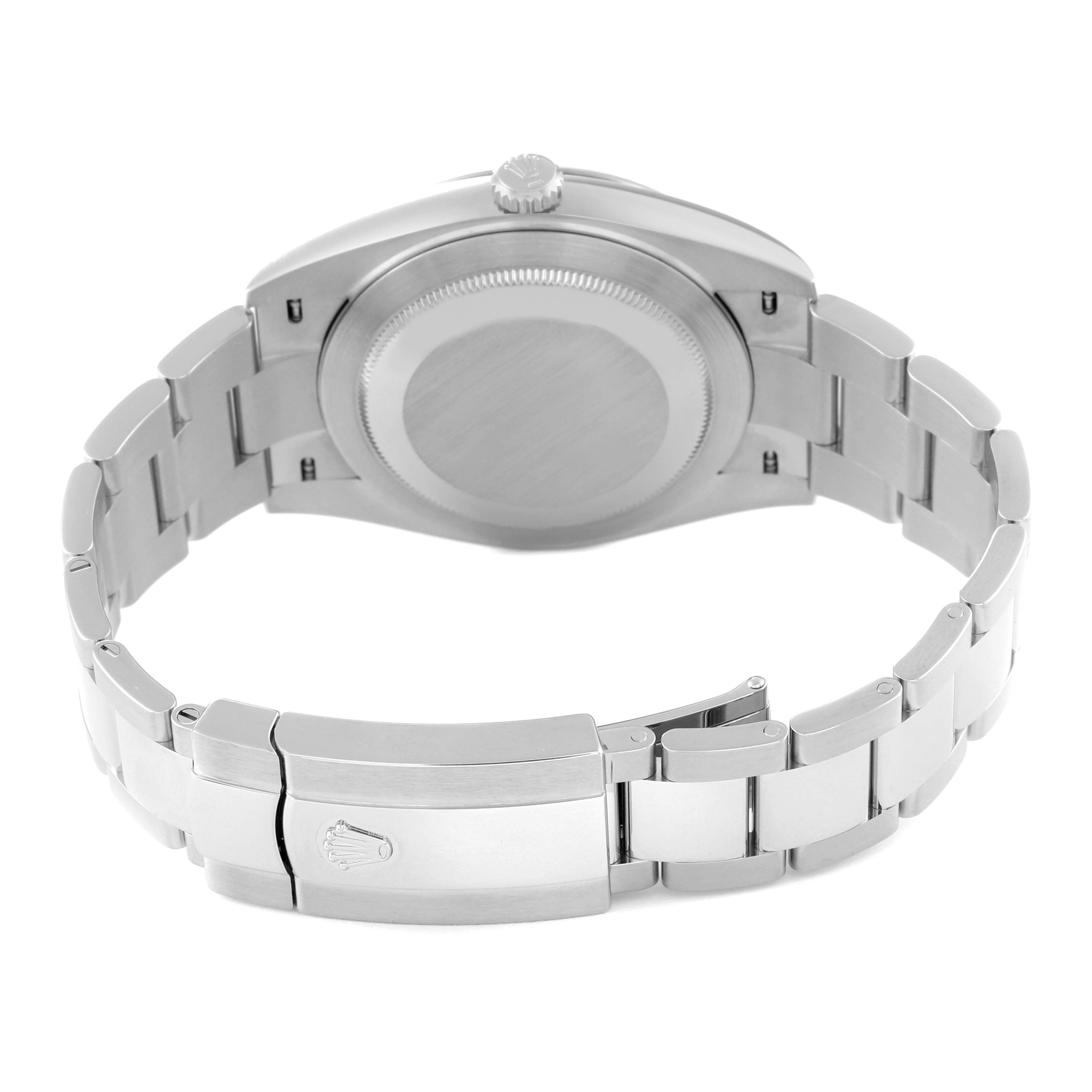 This Rolex Datejust 41 126334 Men
s Stainless Steel Grey Dial 126334 Men
s Stainless Steel Grey Dial watch is shown from the back, focusing on the closed clasp and partially extended bracelet.