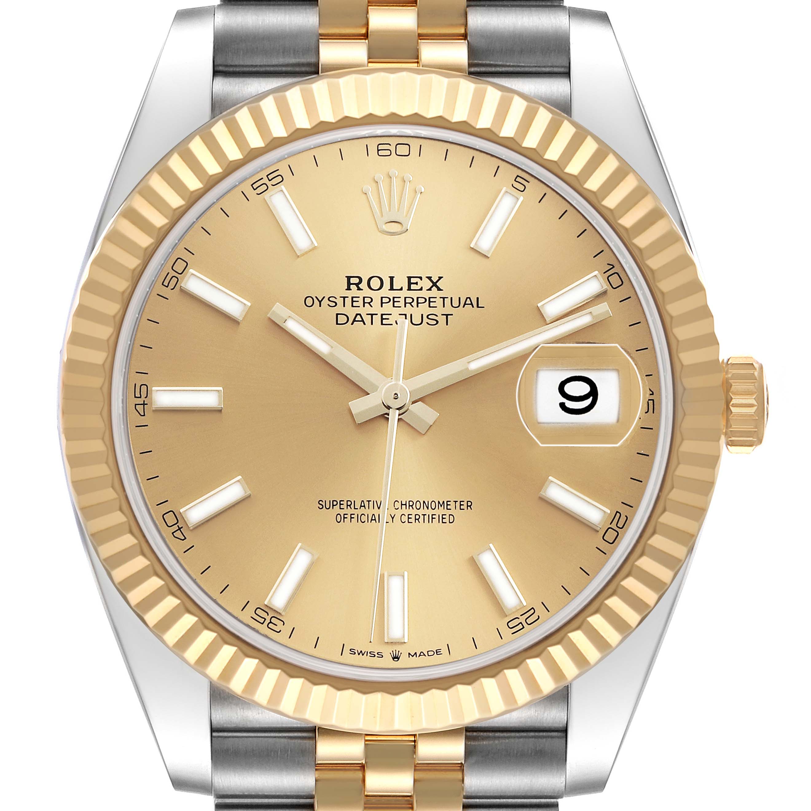 The Rolex Datejust 41 126333 Men's Steel and Gold (two tone) Champagne Dial is shown face-on, highlighting its dial, bezel, crown, and a portion of the bracelet.
