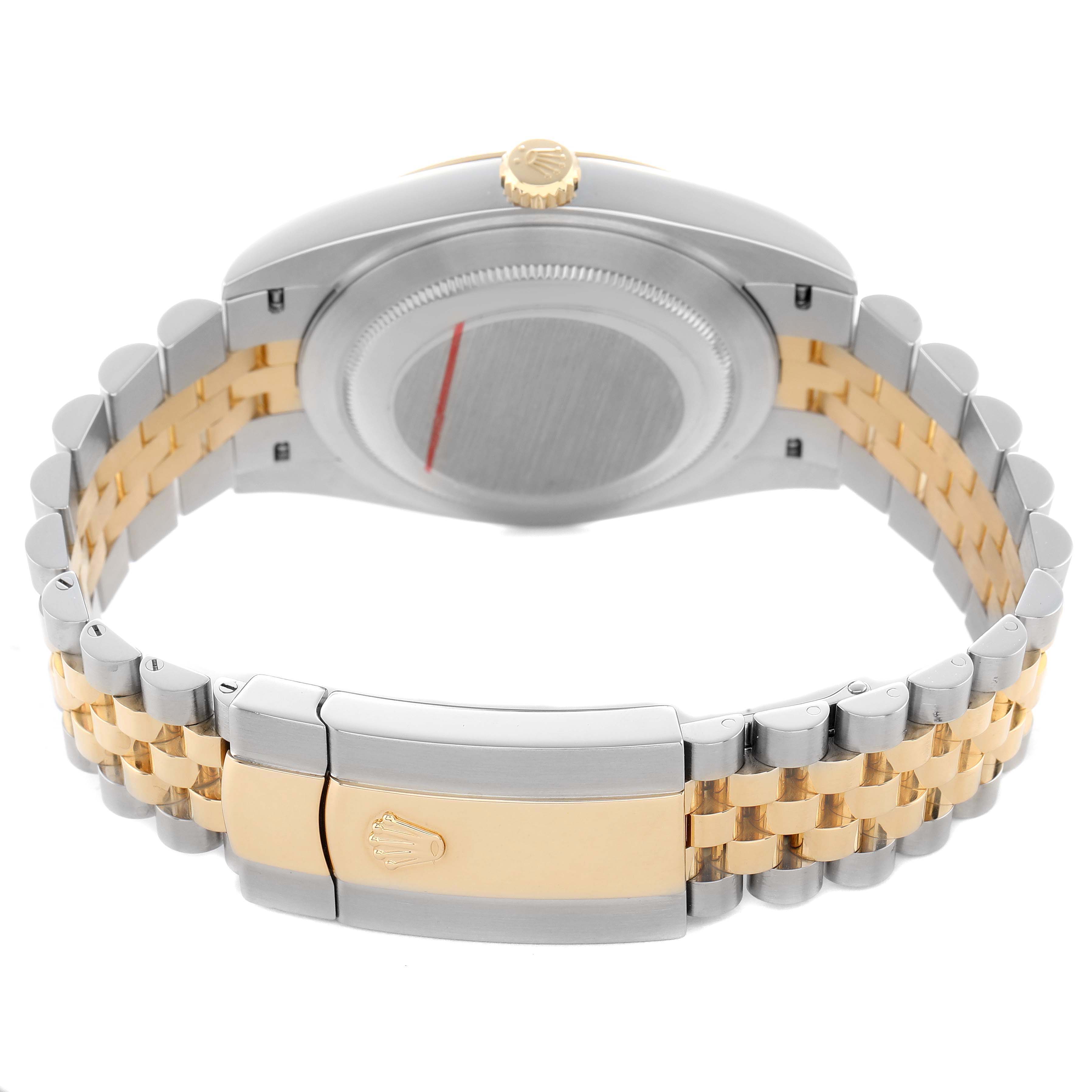 The image shows the back view of the Rolex Datejust 41 126333 Men's Steel and Gold (two tone) Champagne Dial, highlighting the case back, crown, and bicolor Jubilee bracelet with clasp.