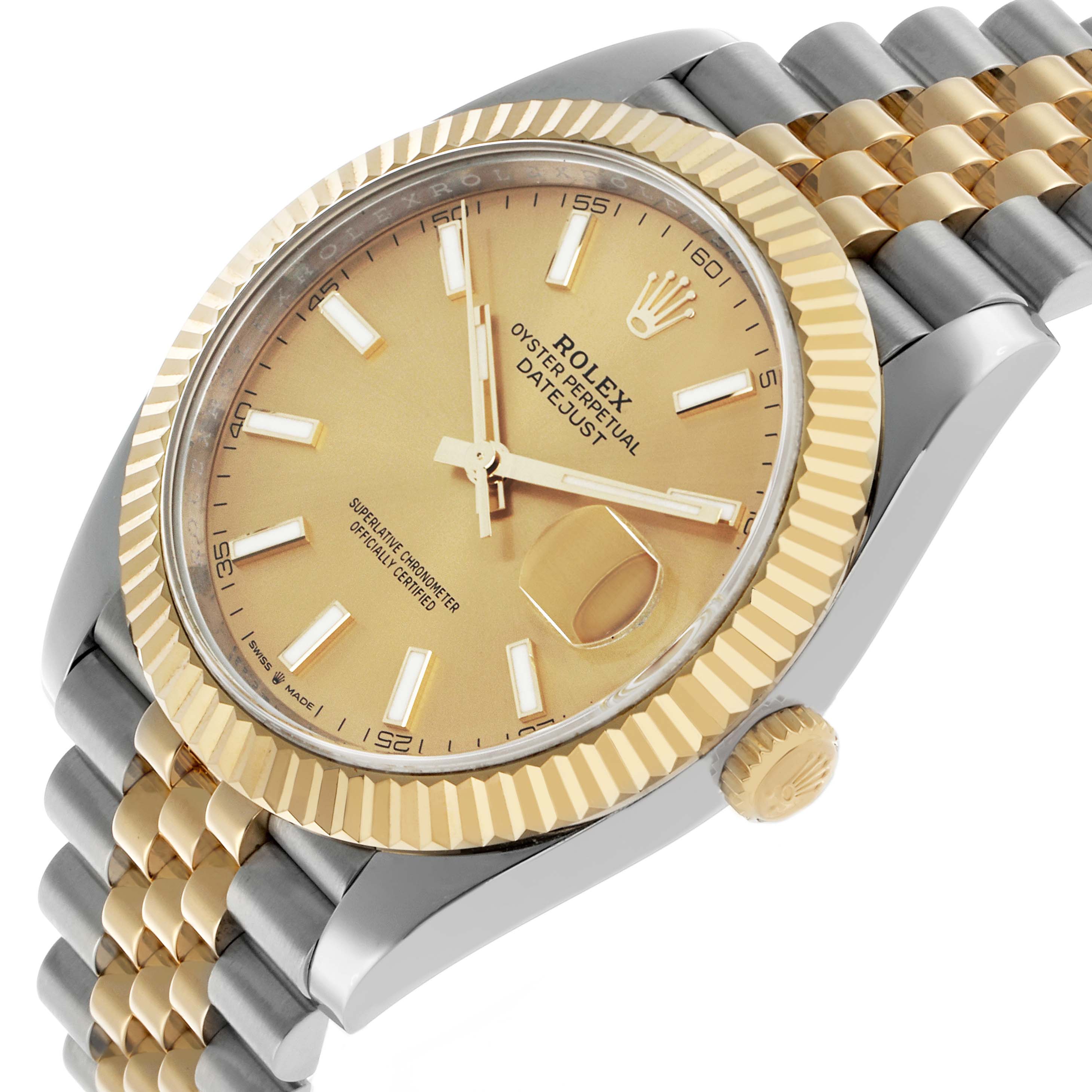 The Rolex Datejust 41 126333 Men's Steel and Gold (two tone) Champagne Dial is shown at an angle highlighting the dial, bezel, crown, and part of the bracelet.