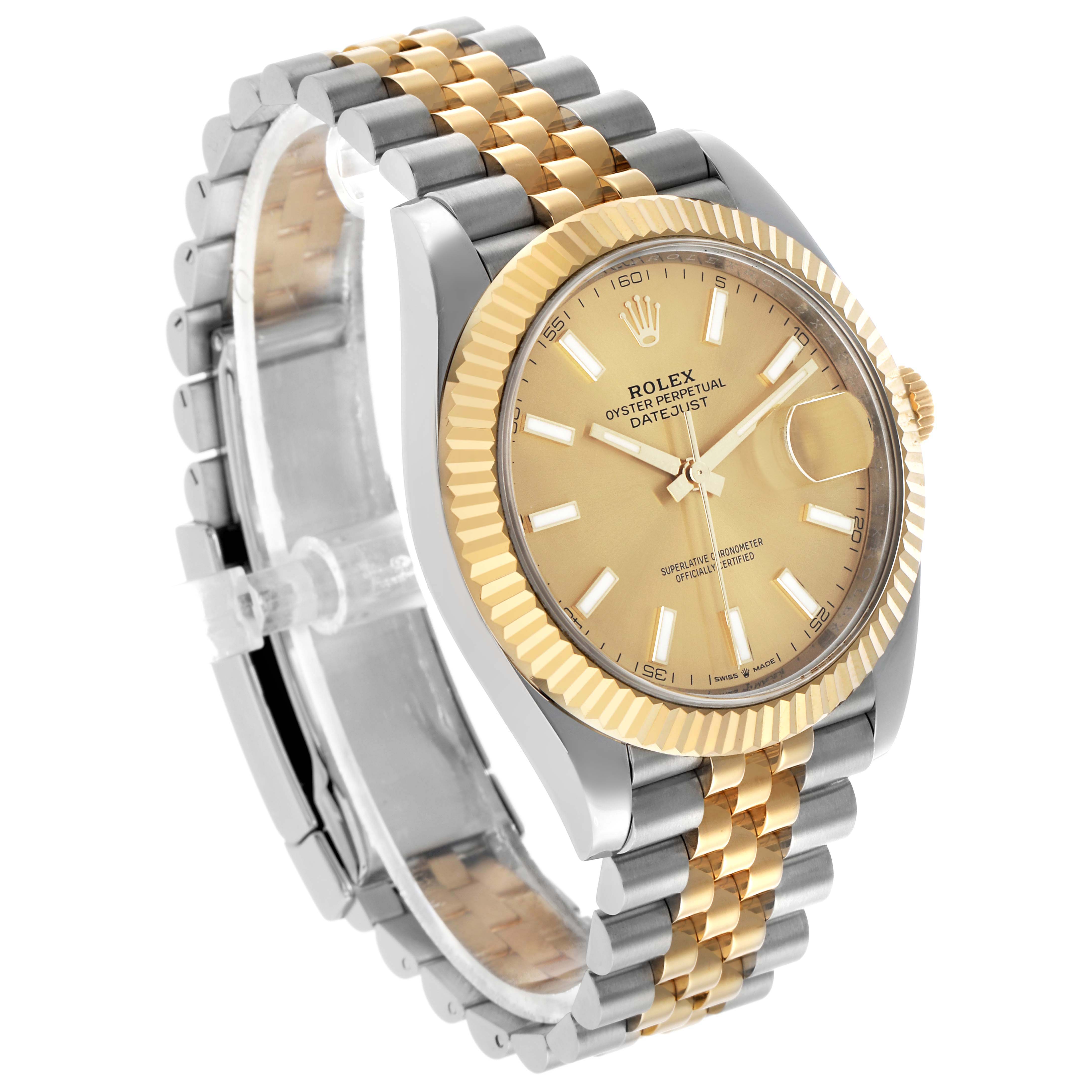 The Rolex Datejust 41 126333 Men's Steel and Gold (two tone) Champagne Dial is shown at a three-quarter angle, highlighting the gold dial, fluted bezel, and jubilee bracelet.