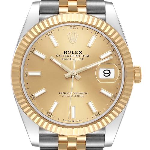 The image shows a frontal view of the Rolex Datejust 41 126333 Men's Steel and Gold (two tone) Champagne Dial, highlighting the dial, bezel, crown, and part of the bracelet.