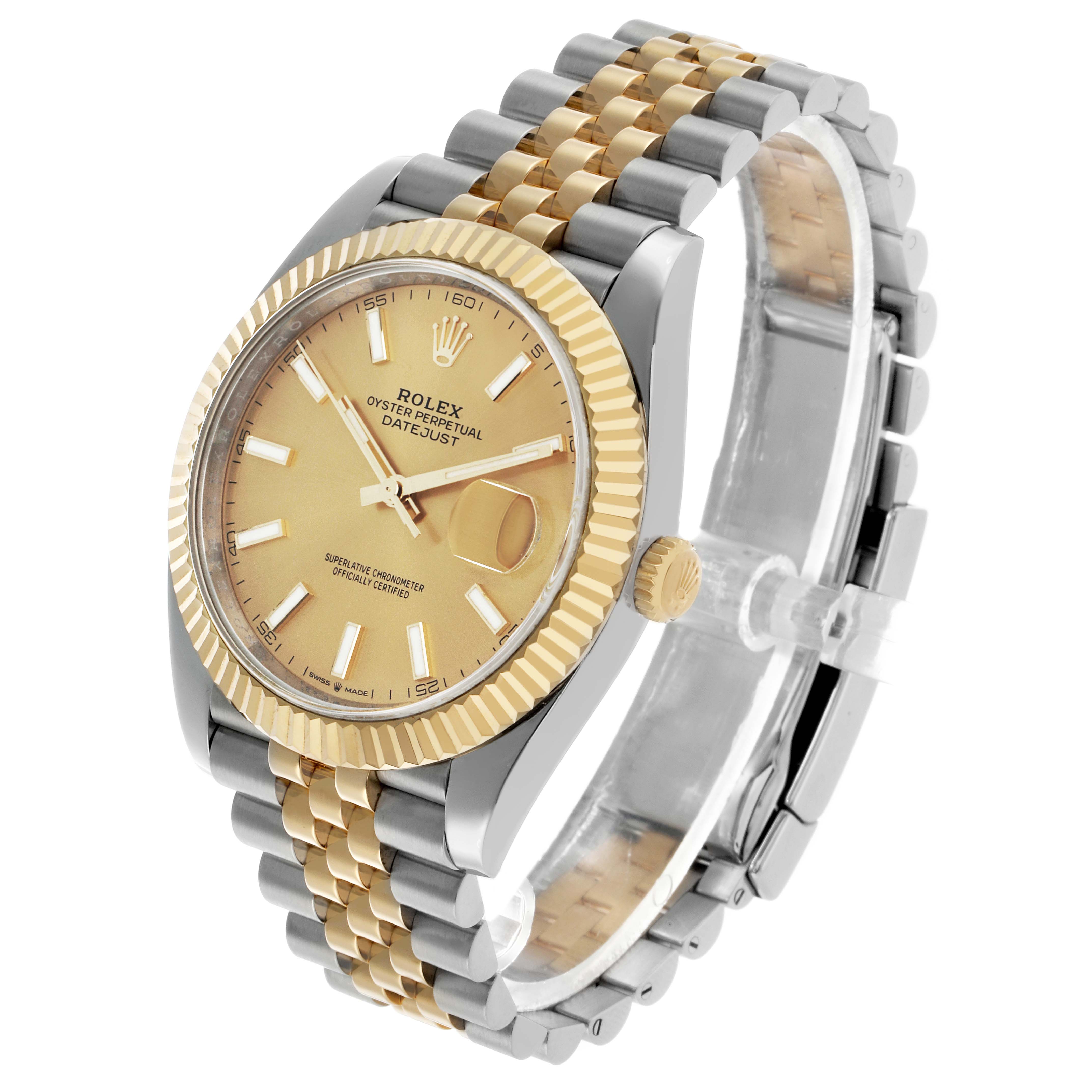 The Rolex Datejust 41 126333 Men's Steel and Gold (two tone) Champagne Dial is shown at a slight angle, highlighting its face, bezel, crown, and bracelet.