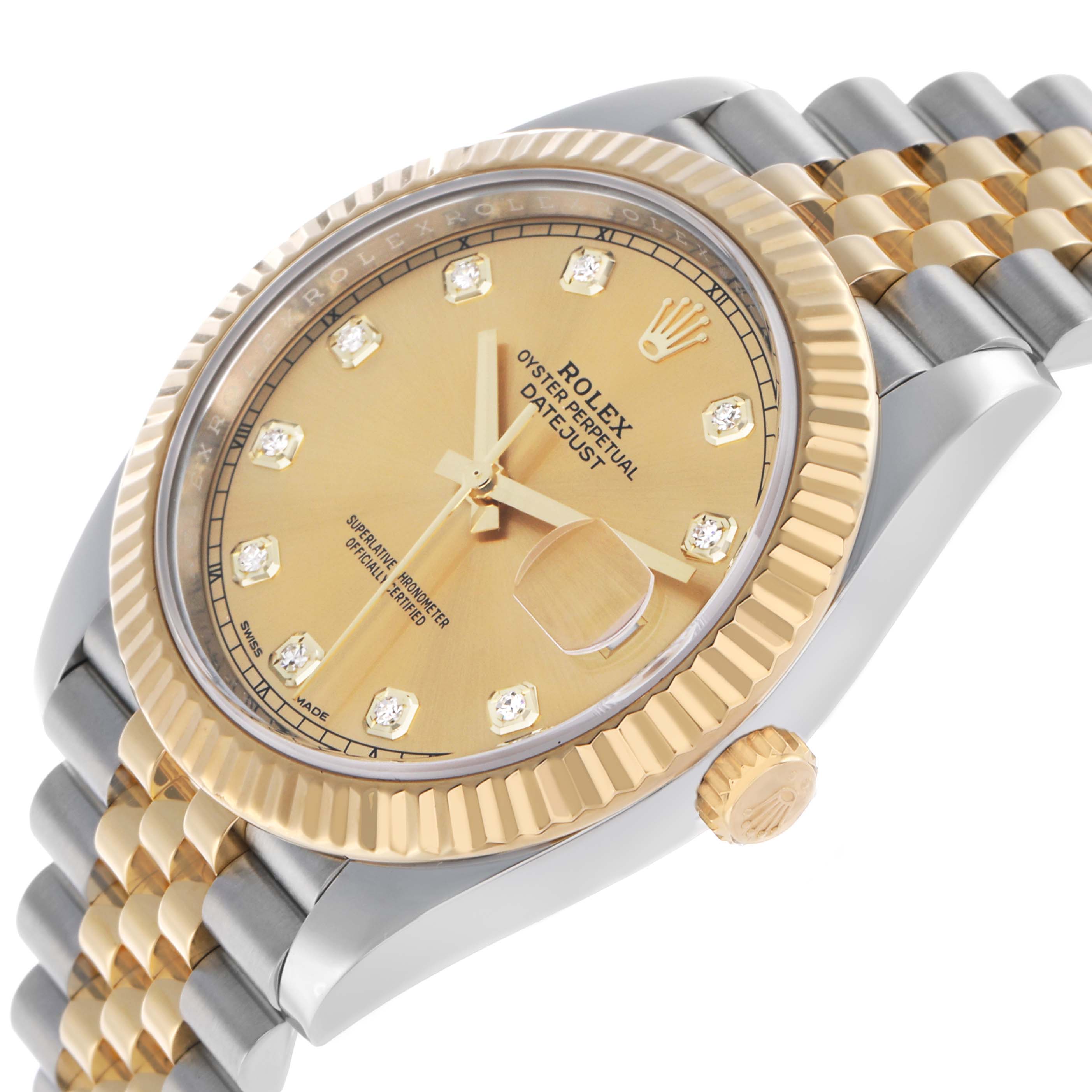The Rolex Datejust 41 126333 Men's Steel and Gold (two tone) Champagne Dial is shown at an angle displaying the dial, bezel, crown, and part of the two-tone bracelet.