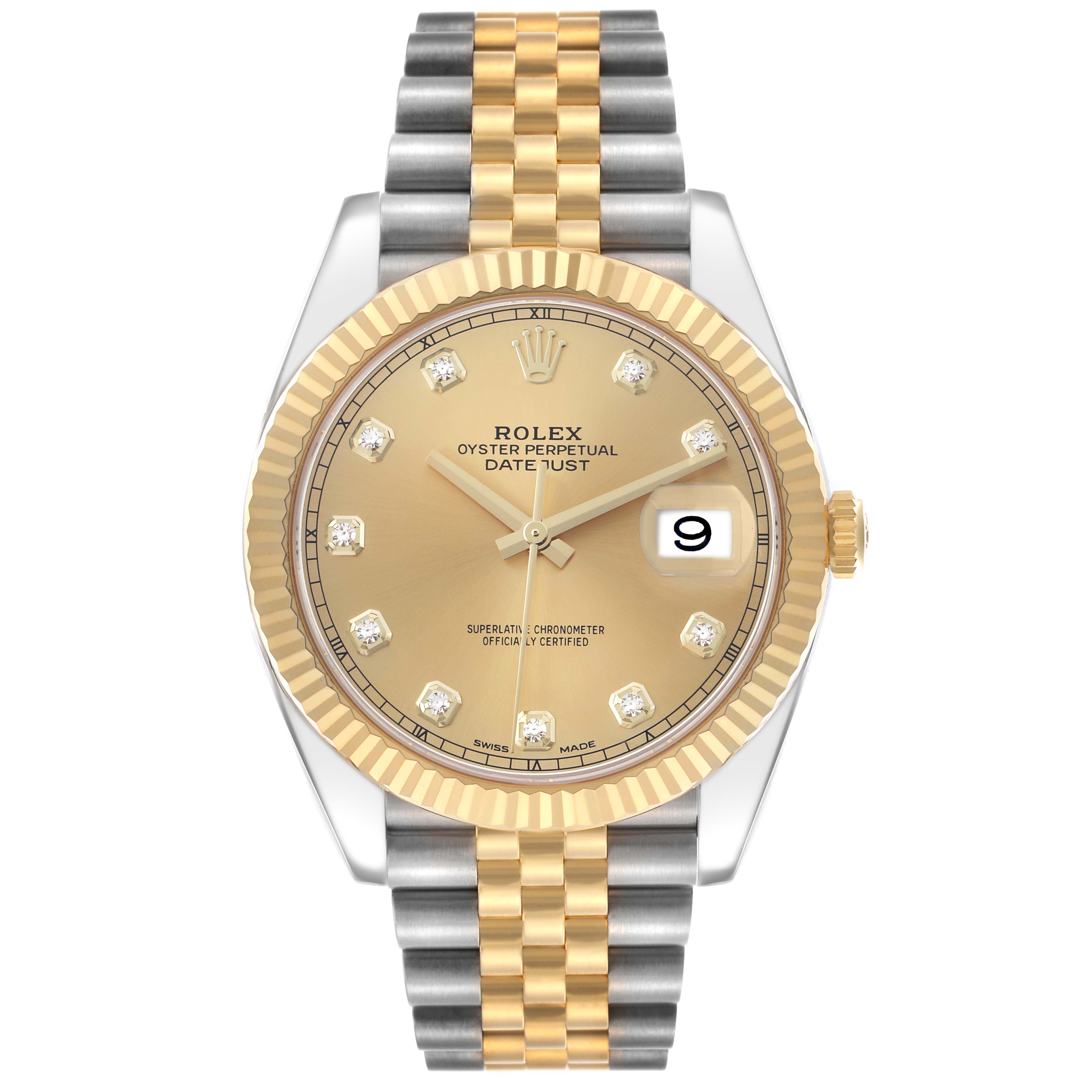 The Rolex Datejust 41 126333 Men's Steel and Gold (two tone) Champagne Dial is shown from a frontal angle, highlighting the dial, bezel, and bracelet.