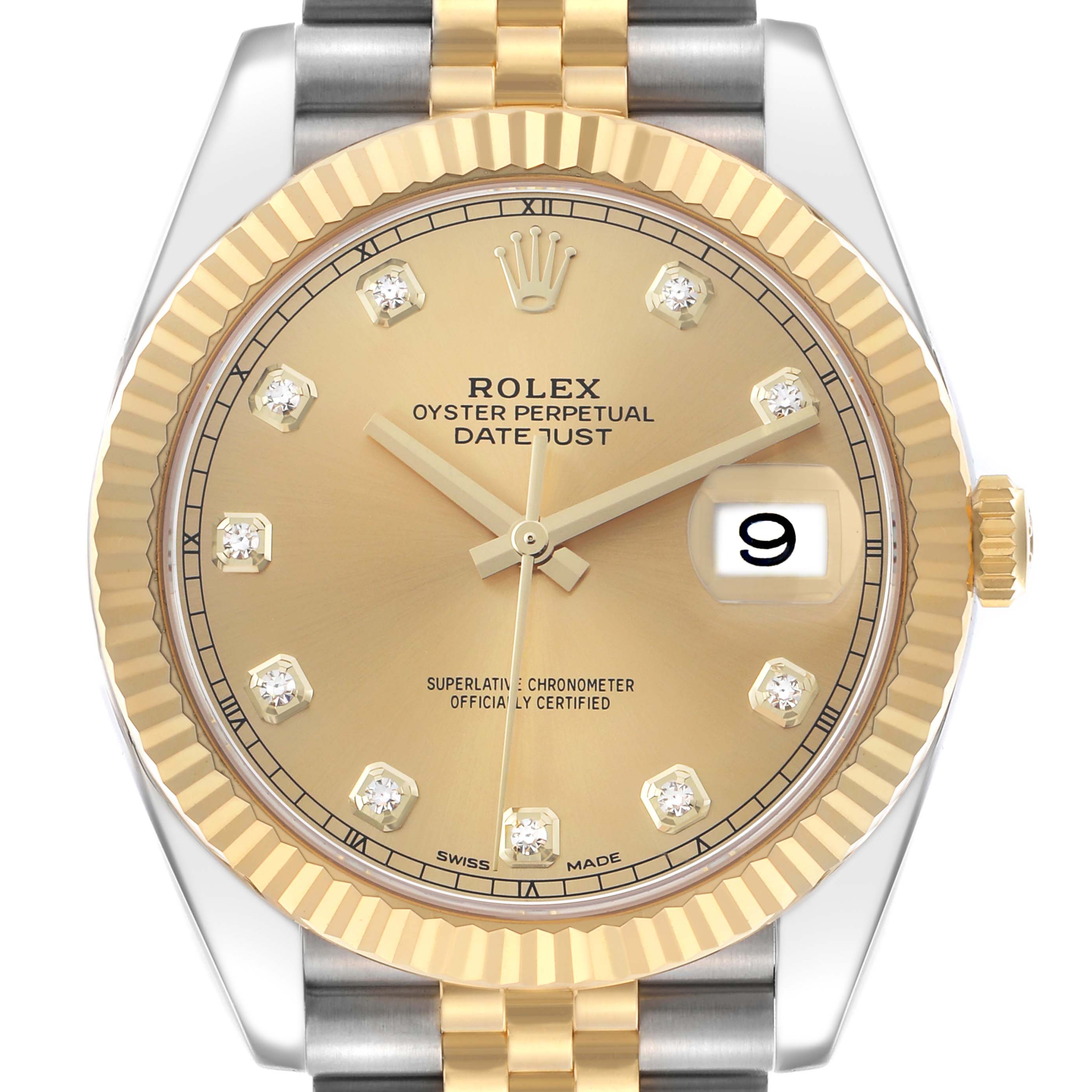 The Rolex Datejust 41 126333 Men's Steel and Gold (two tone) Champagne Dial is shown from a frontal angle, highlighting the gold and stainless steel bezel, dial, and diamond hour markers.