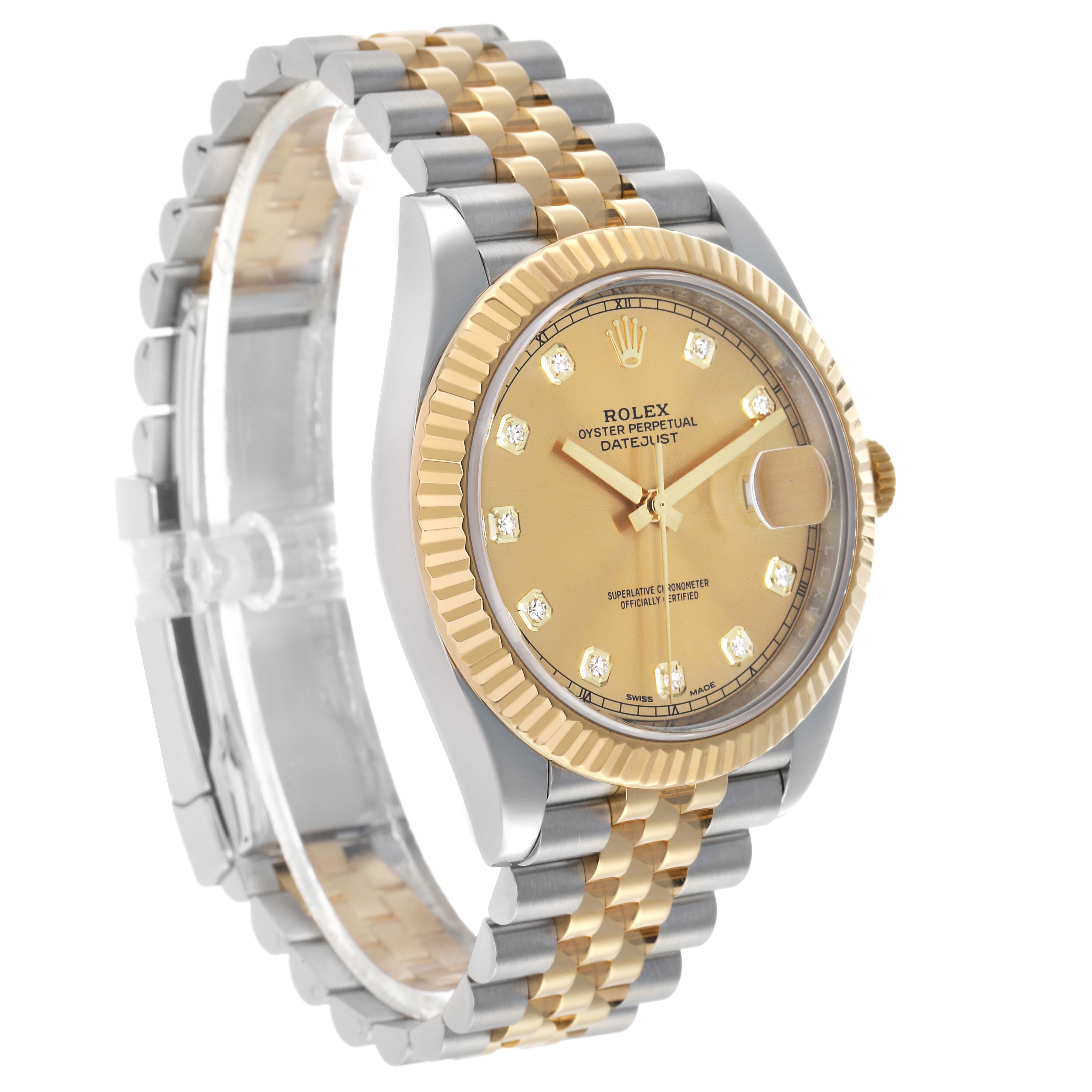 The Rolex Datejust 41 126333 Men's Steel and Gold (two tone) Champagne Dial watch is shown at a three-quarter angle, highlighting its face, bezel, and two-tone bracelet.