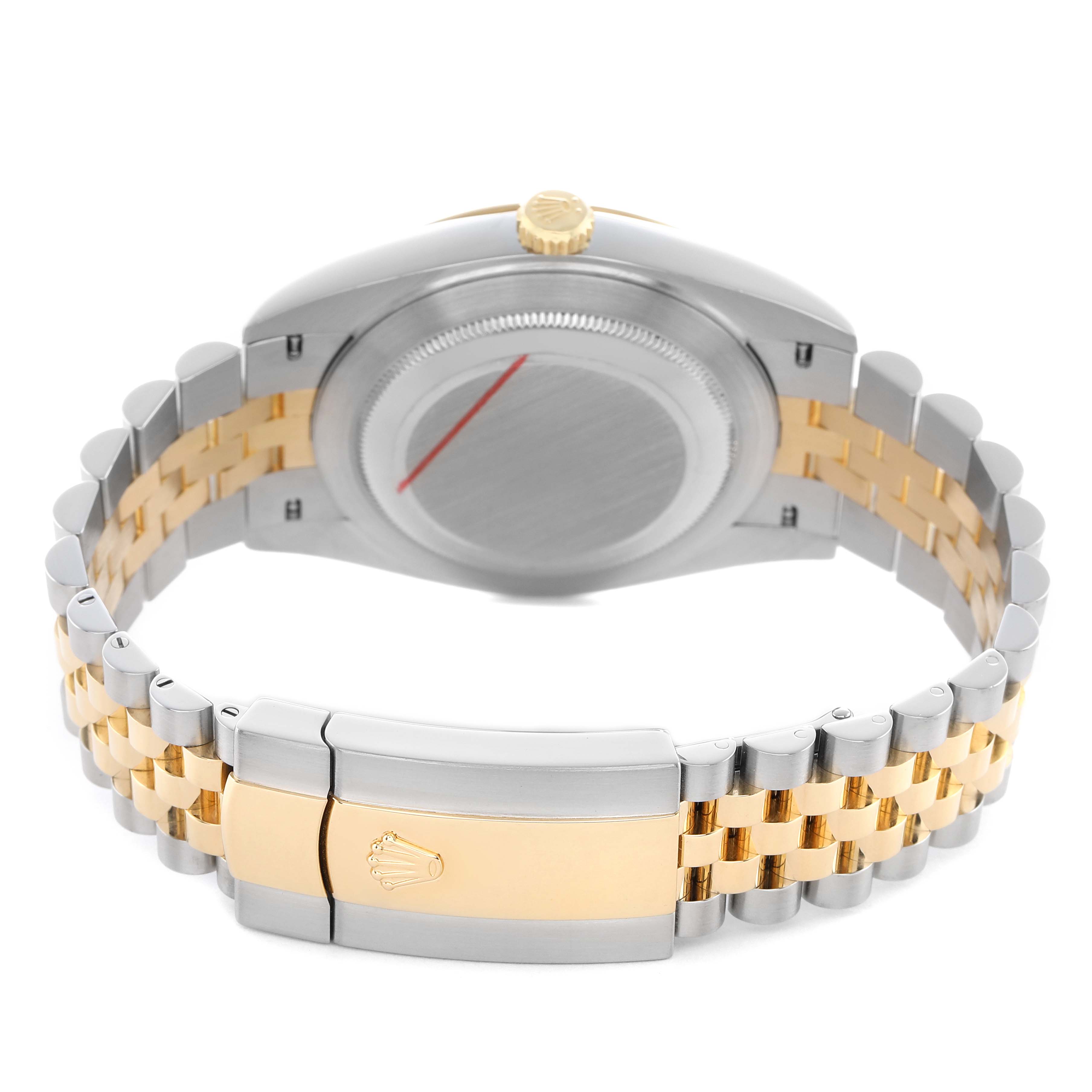 The image shows the back of a Rolex Datejust 41 126333 Men's Steel and Gold (two tone) Champagne Dial, highlighting its gold and silver bracelet and clasp.