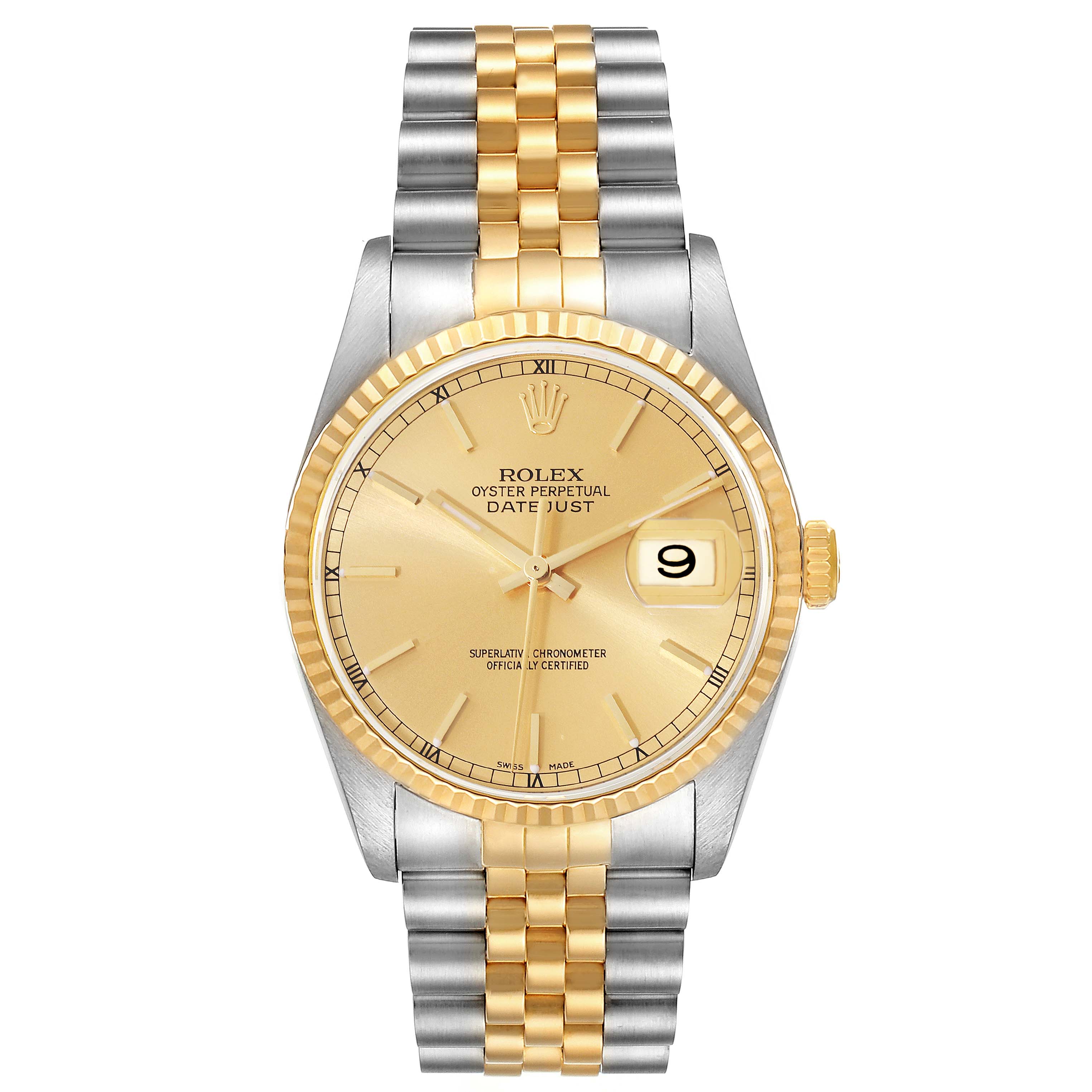 The image shows a front view of a Rolex Datejust 16233 Men's Steel and Gold (two tone) Champagne Dial 16233 Men's Steel and Gold (two tone) Champagne Dial watch, highlighting its gold dial, bezel, and two-tone bracelet.