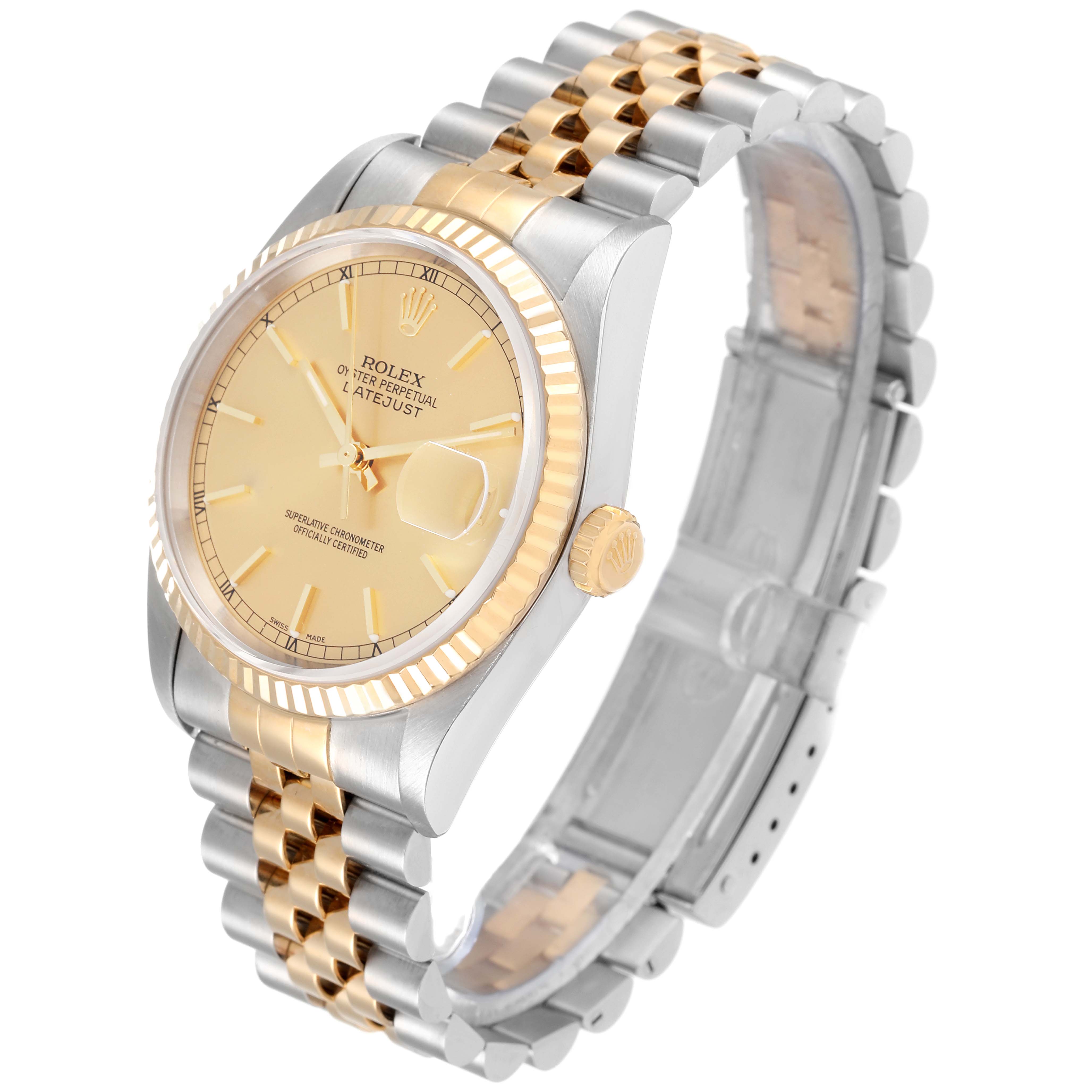 The Rolex Datejust 16233 Men's Steel and Gold (two tone) Champagne Dial 16233 Men's Steel and Gold (two tone) Champagne Dial watch is shown at an angled view, highlighting its dial, fluted bezel, and two-tone bracelet.