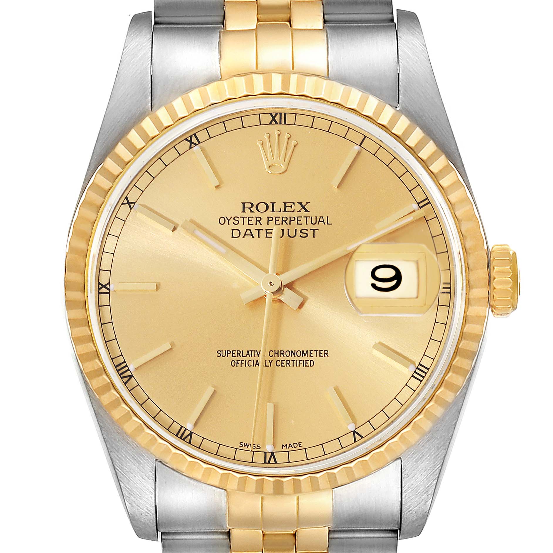 This is a front view of a Rolex Datejust 16233 Men's Steel and Gold (two tone) Champagne Dial 16233 Men's Steel and Gold (two tone) Champagne Dial watch displaying its gold dial, date window, and two-tone bracelet.