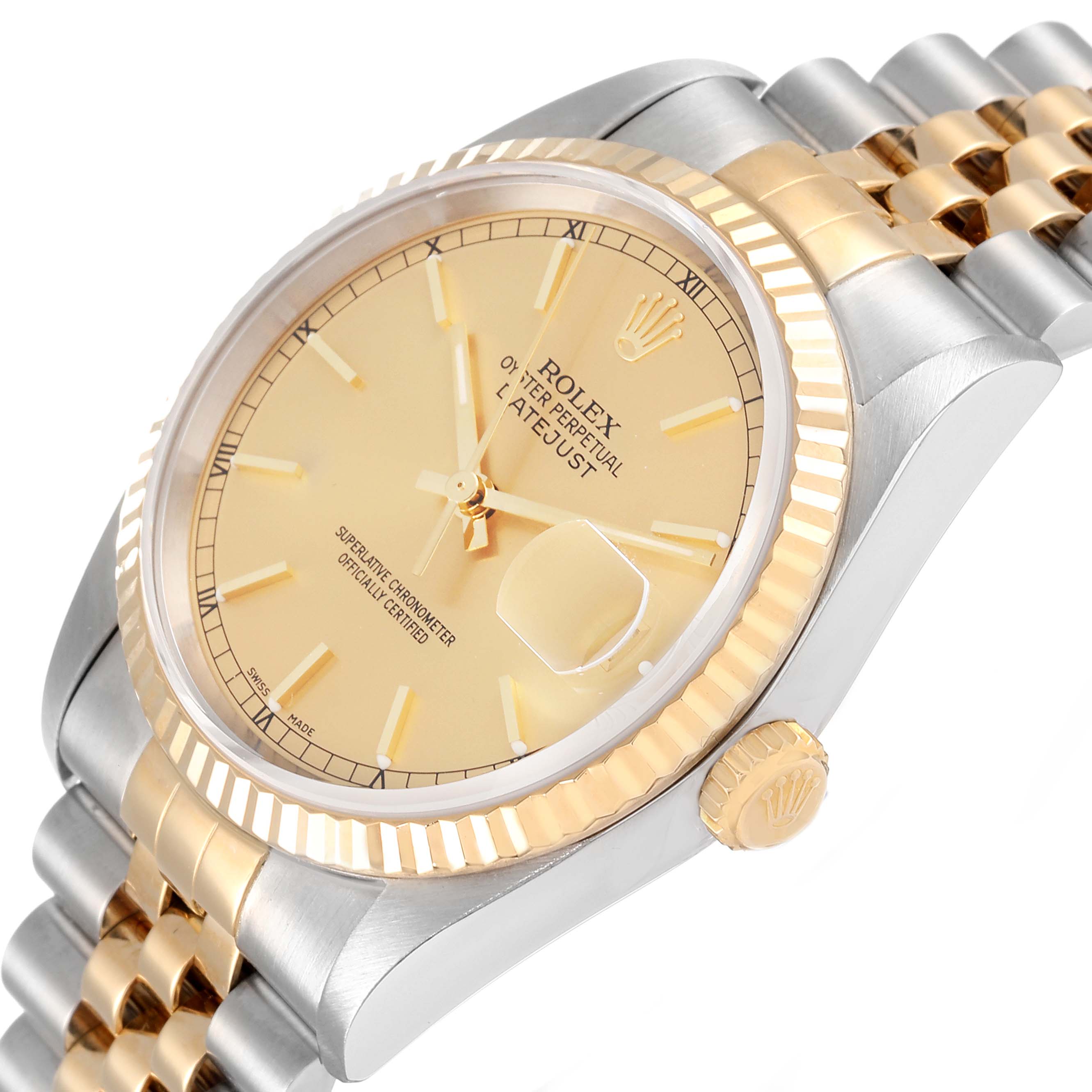 The image shows a close-up, angled view of a Rolex Datejust 16233 Men's Steel and Gold (two tone) Champagne Dial 16233 Men's Steel and Gold (two tone) Champagne Dial watch, highlighting its gold bezel, dial, markers, and two-tone bracelet.