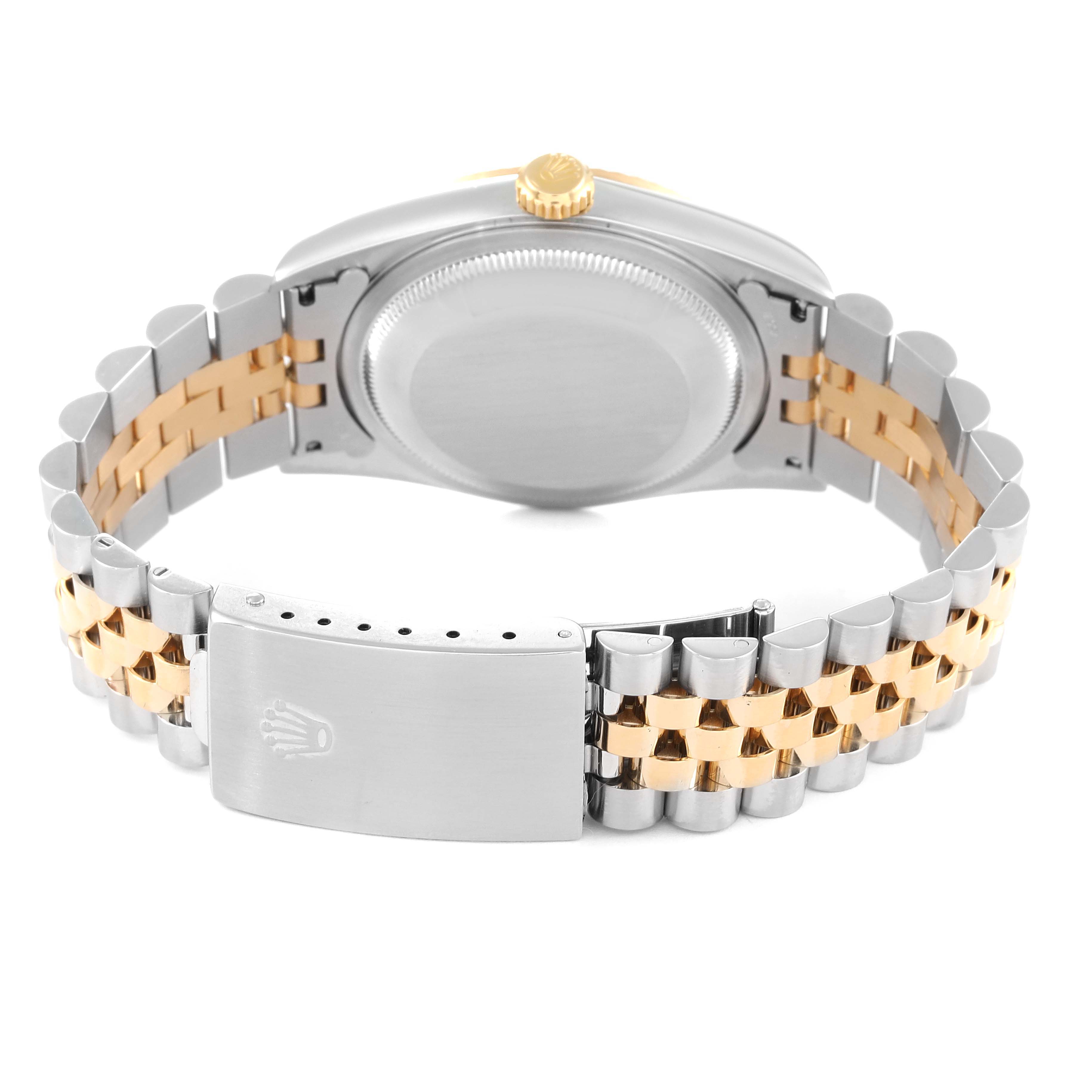 The image shows the back of a Rolex Datejust 16233 Men's Steel and Gold (two tone) Champagne Dial 16233 Men's Steel and Gold (two tone) Champagne Dial watch, highlighting the clasp, bracelet, and case back.