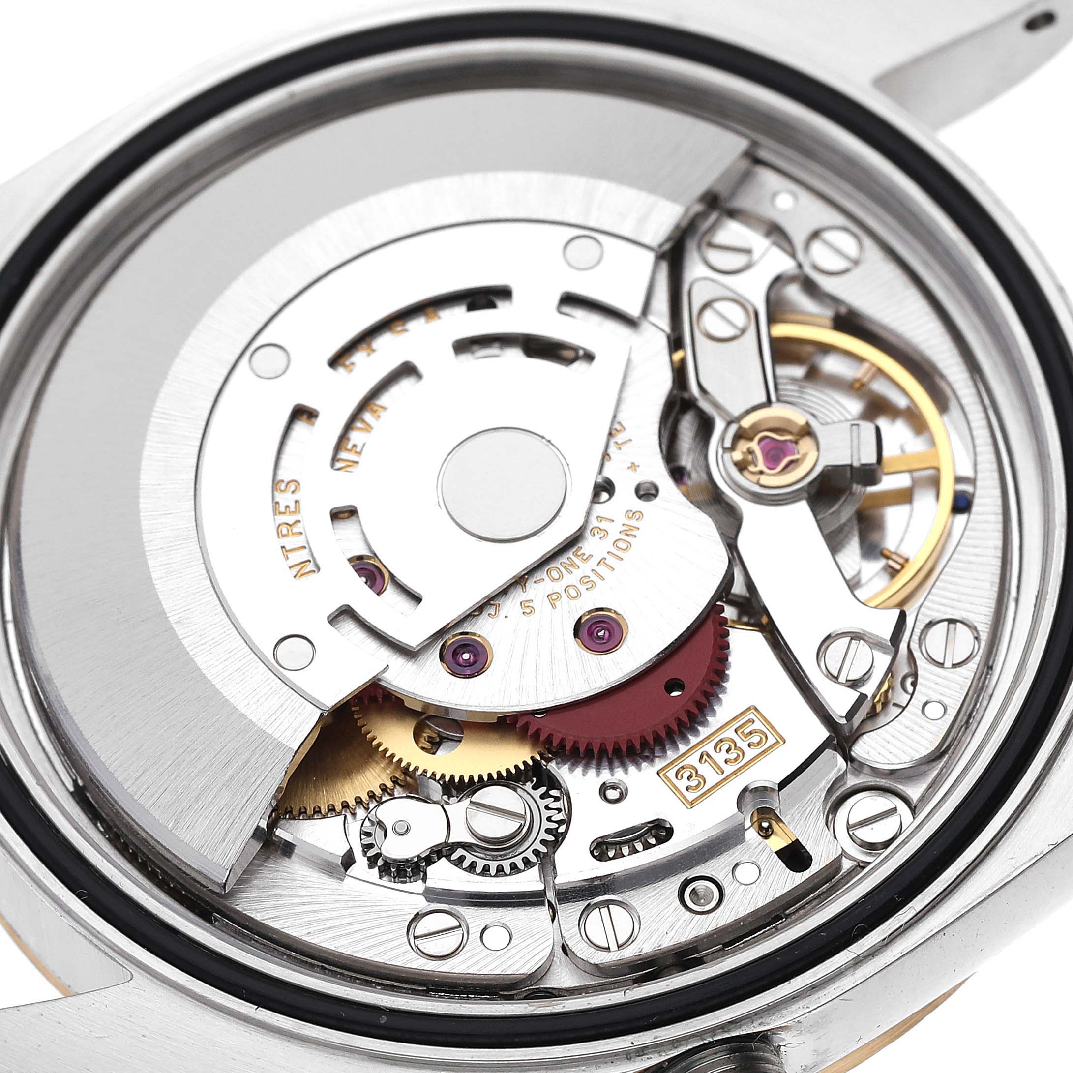 This image shows a close-up view of the internal movement mechanism of a Rolex Datejust 16233 Men's Steel and Gold (two tone) Champagne Dial 16233 Men's Steel and Gold (two tone) Champagne Dial watch.