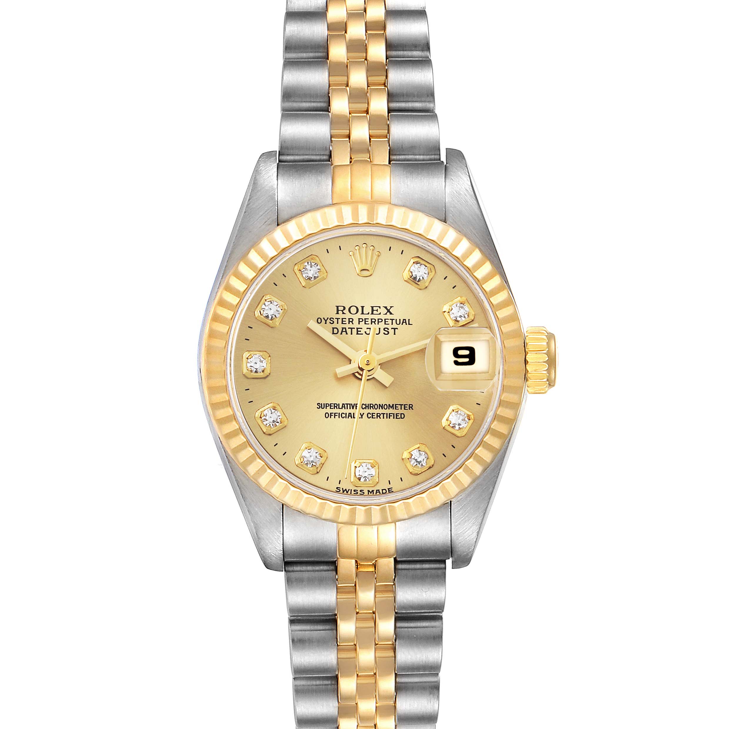 The Rolex Datejust 69173 Women's Steel and Gold (two tone) Champagne Dial 69173 Women's Steel and Gold (two tone) Champagne Dial watch is shown from a front angle, displaying its gold and stainless steel band, dial, and date window.