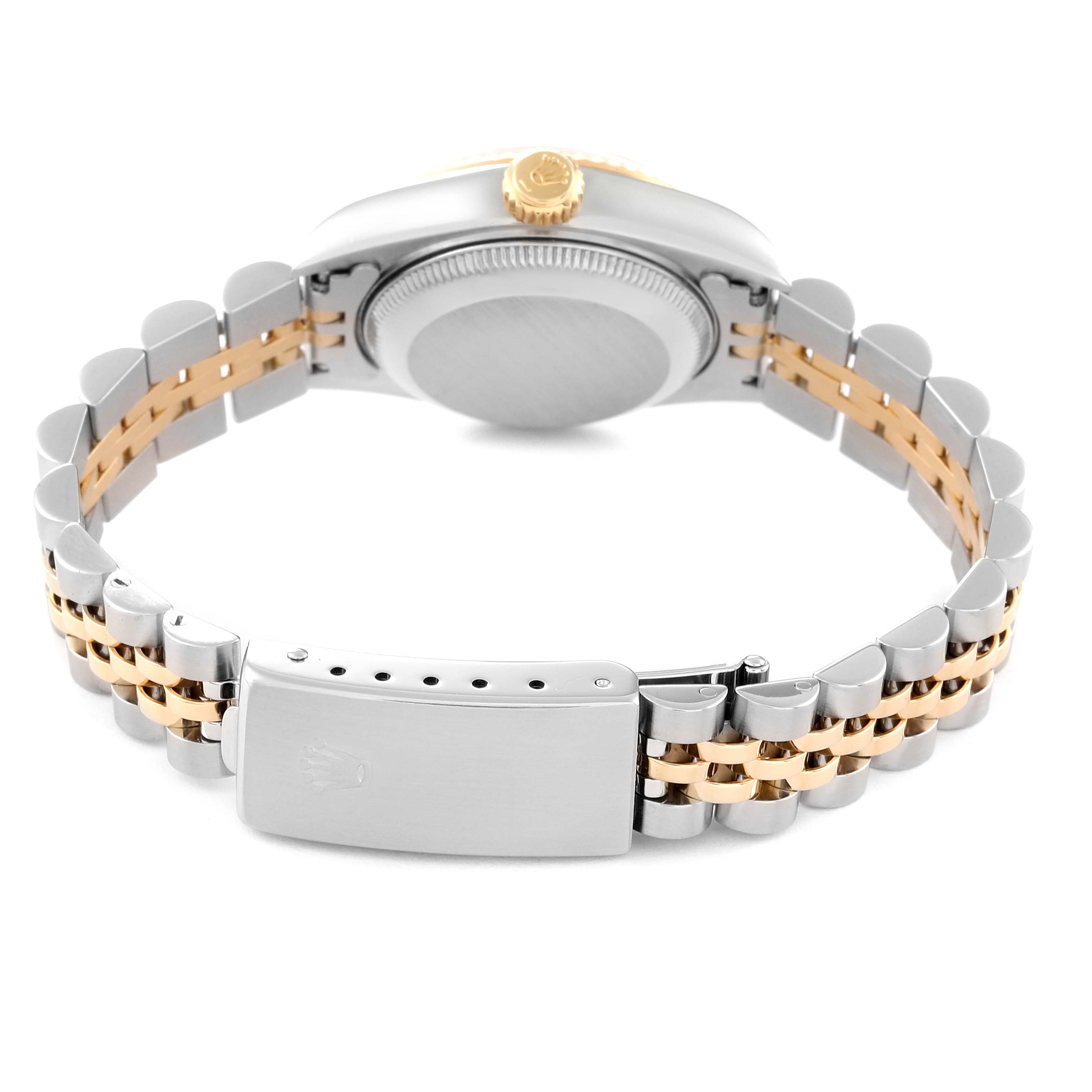 This image shows the underside of a Rolex Datejust 69173 Women's Steel and Gold (two tone) Champagne Dial 69173 Women's Steel and Gold (two tone) Champagne Dial watch, highlighting its bracelet, clasp, and case back.