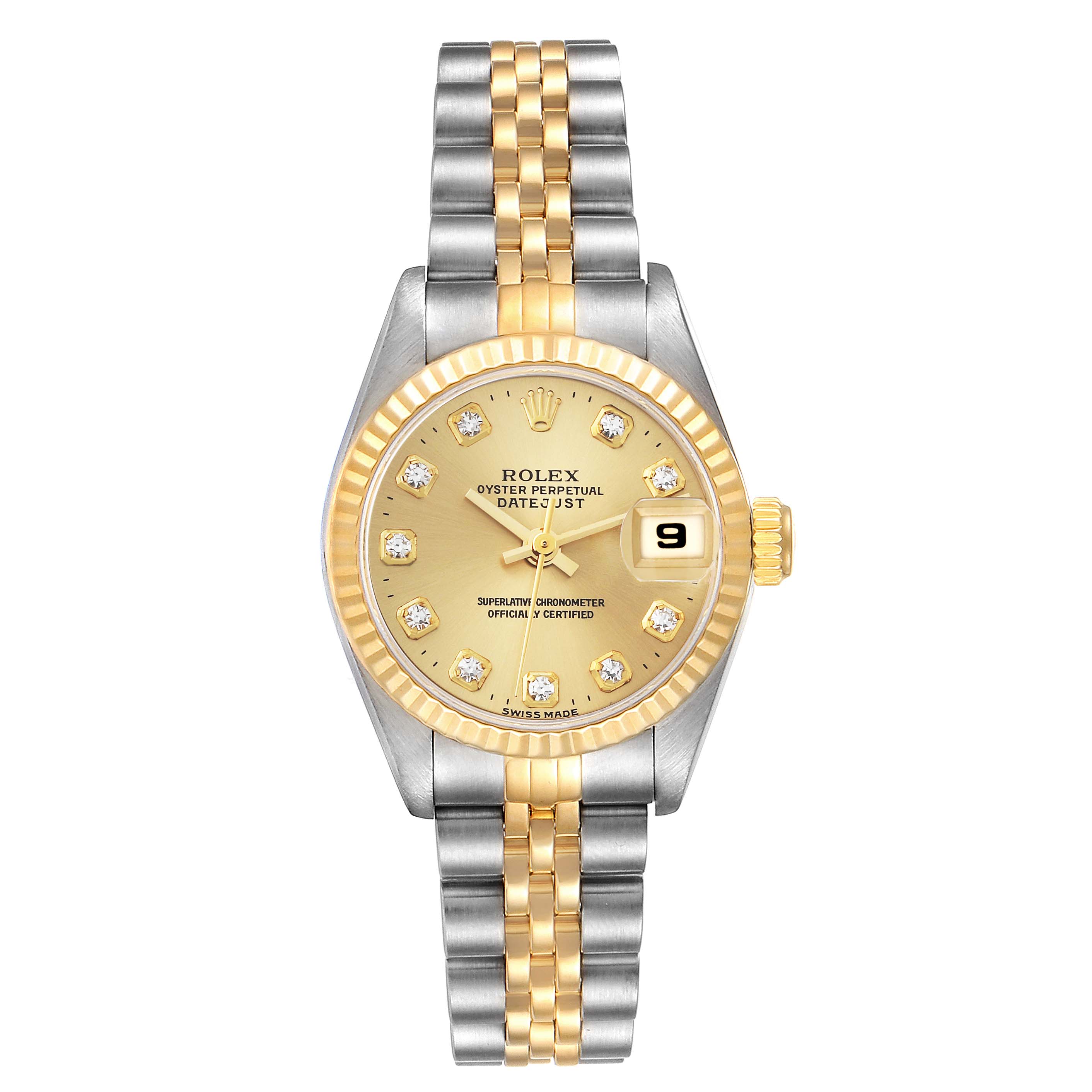 The image shows a front view of the Rolex Datejust 69173 Women's Steel and Gold (two tone) Champagne Dial 69173 Women's Steel and Gold (two tone) Champagne Dial watch, displaying the gold dial, date window, bezel, and two-tone bracelet.