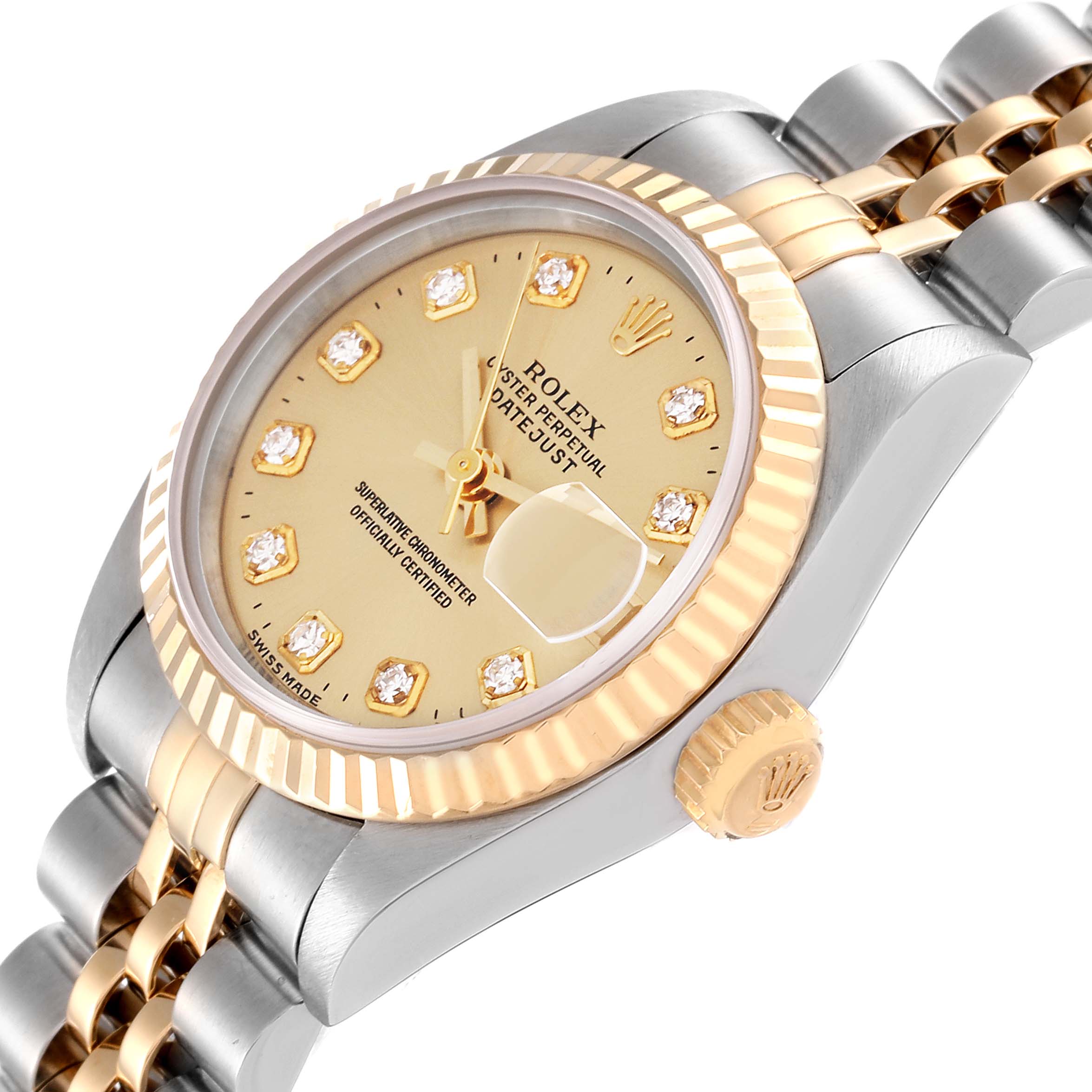 The image shows a close-up of a Rolex Datejust 69173 Women's Steel and Gold (two tone) Champagne Dial 69173 Women's Steel and Gold (two tone) Champagne Dial watch from an angle highlighting its face, bezel, crown, and part of the bracelet.