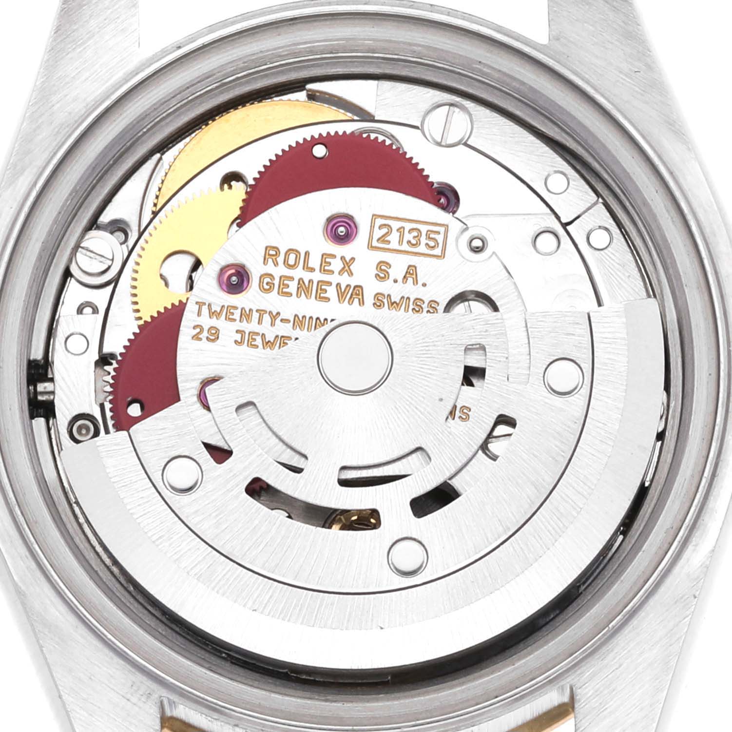 The image shows the movement components of a Rolex Datejust 69173 Women's Steel and Gold (two tone) Champagne Dial 69173 Women's Steel and Gold (two tone) Champagne Dial model viewed from the case back.