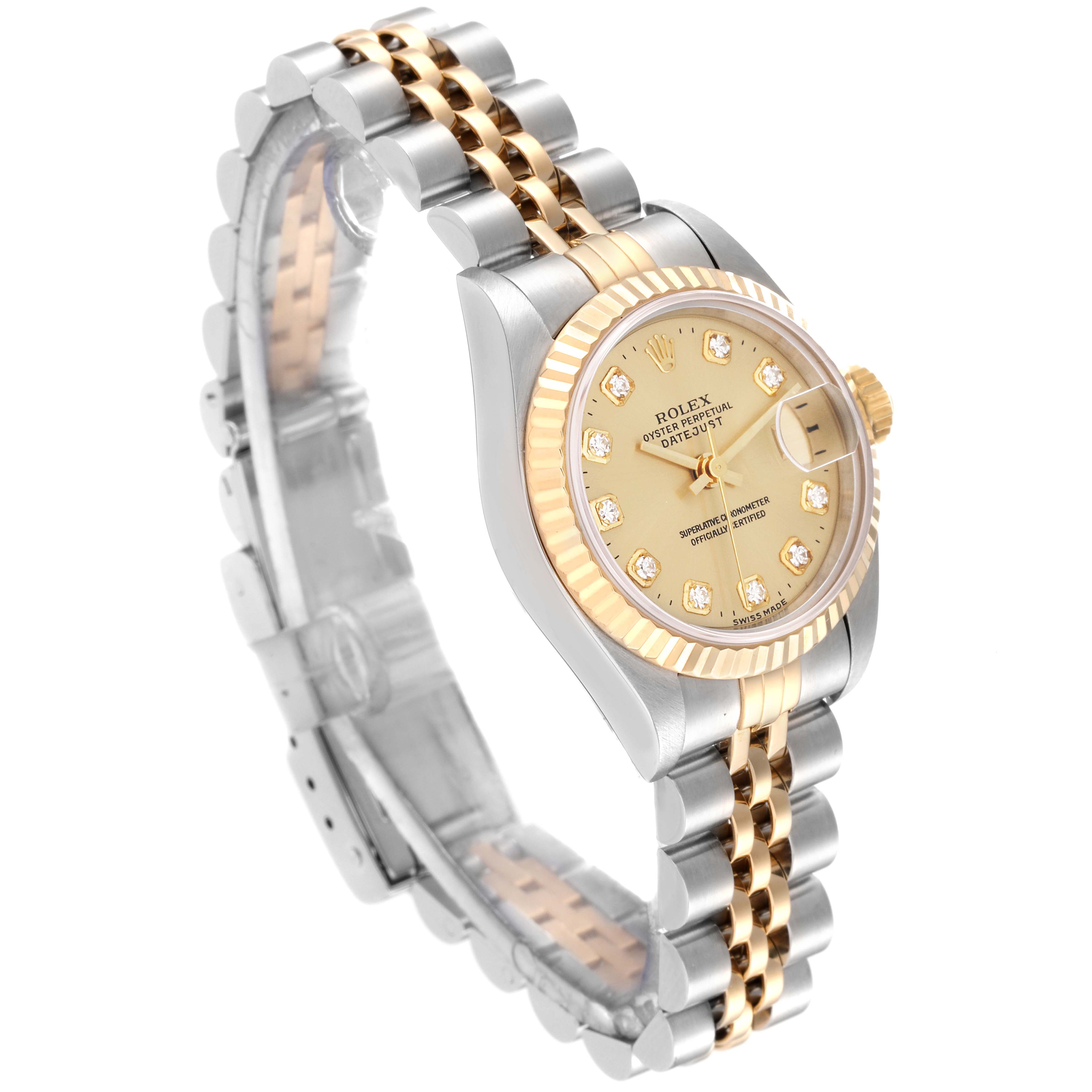 This image shows a Rolex Datejust 69173 Women's Steel and Gold (two tone) Champagne Dial 69173 Women's Steel and Gold (two tone) Champagne Dial watch angled to highlight its face, bezel, and two-tone bracelet.