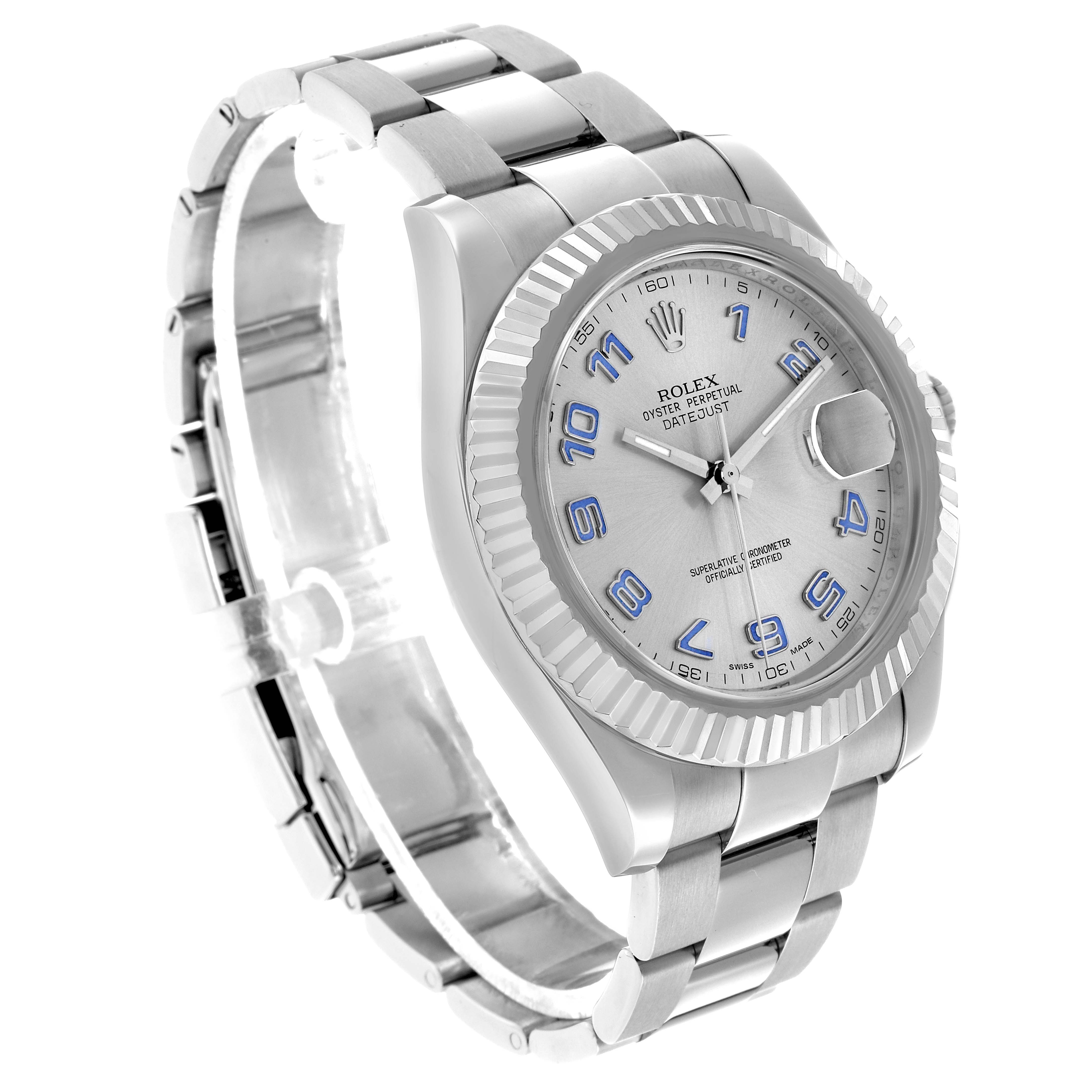 The Rolex Datejust 41 116334 Men's Stainless Steel Silver Dial is shown at a three-quarter angle, highlighting its bracelet, fluted bezel, and face.