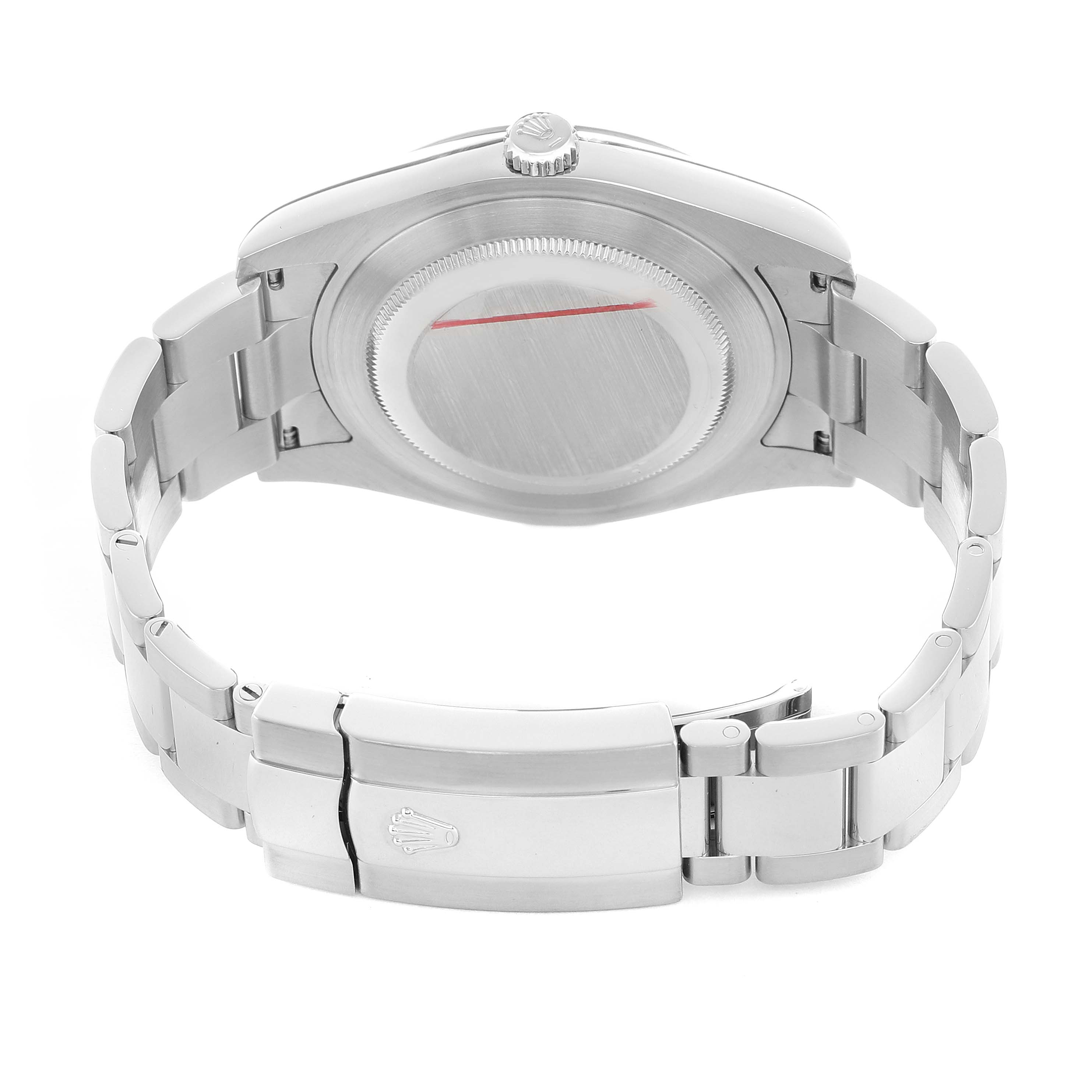 The image shows the back view of the Rolex Datejust 41 116334 Men's Stainless Steel Silver Dial, highlighting the case back, bracelet, and clasp.