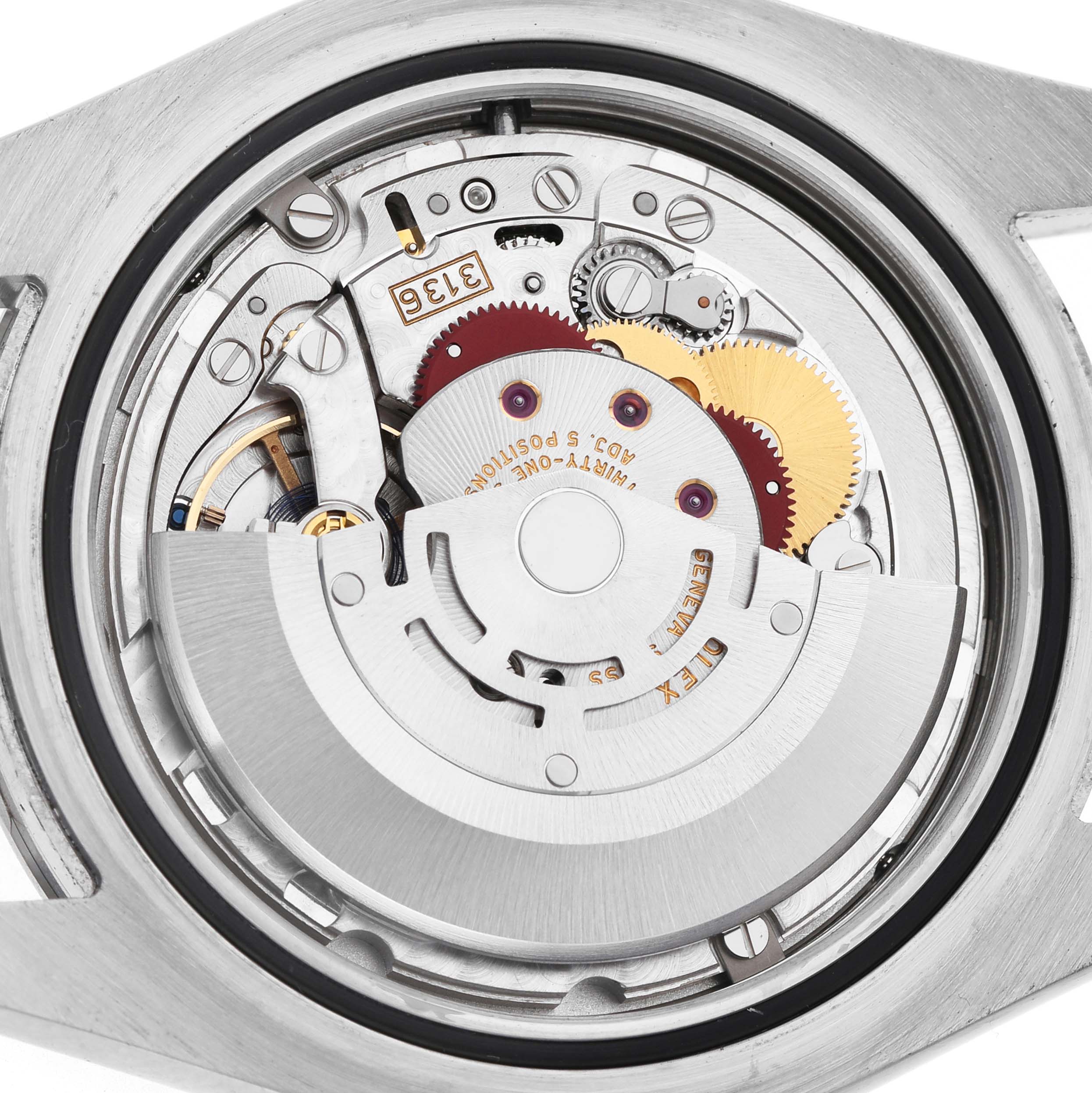 The image shows the movement mechanism of a Rolex Datejust 41 116334 Men's Stainless Steel Silver Dial from a top-down angle, highlighting gears and rotors.