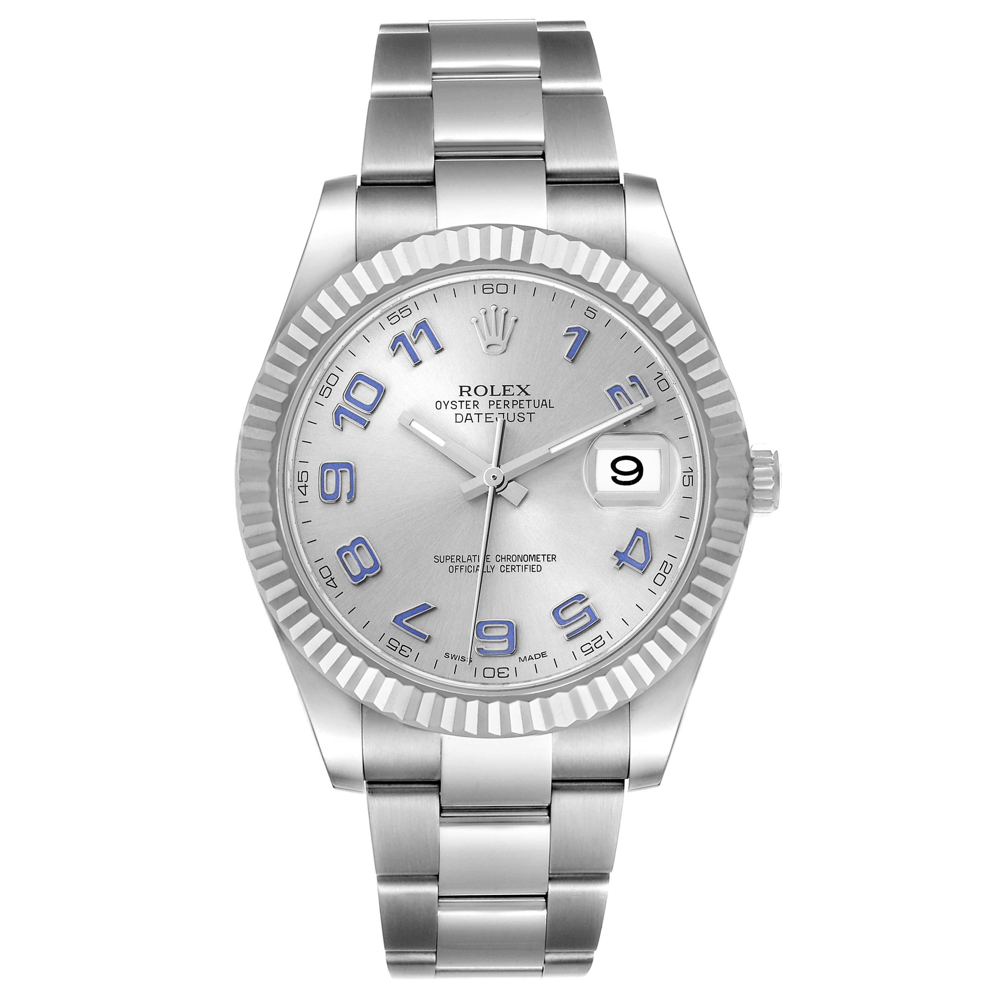 The Rolex Datejust 41 116334 Men's Stainless Steel Silver Dial is shown from a front view, displaying its dial, bezel, bracelet, and crown.