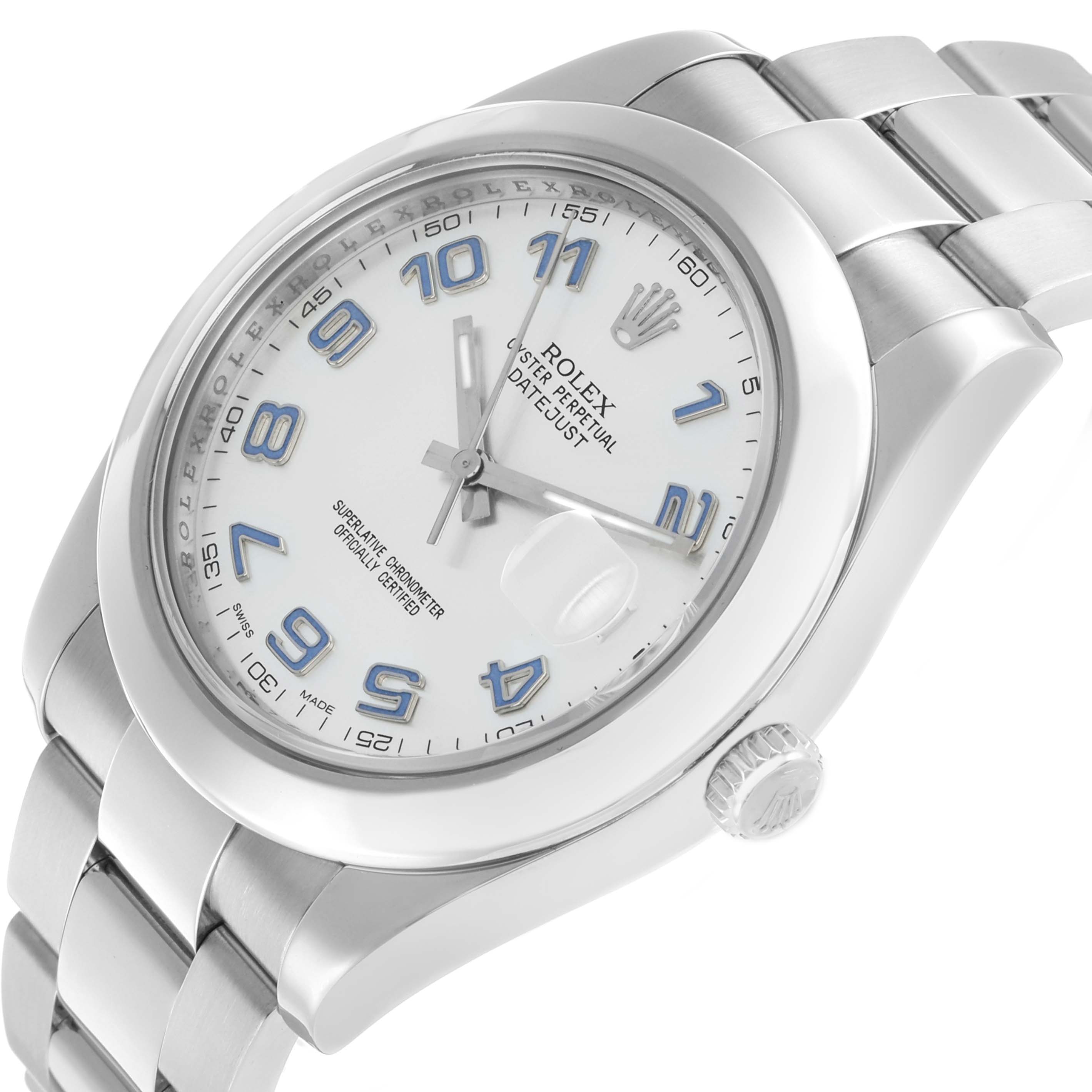 The Rolex Datejust 41 116300 Men's Stainless Steel Silver Dial is shown at a three-quarter angle, featuring its dial, bezel, crown, and part of the bracelet.