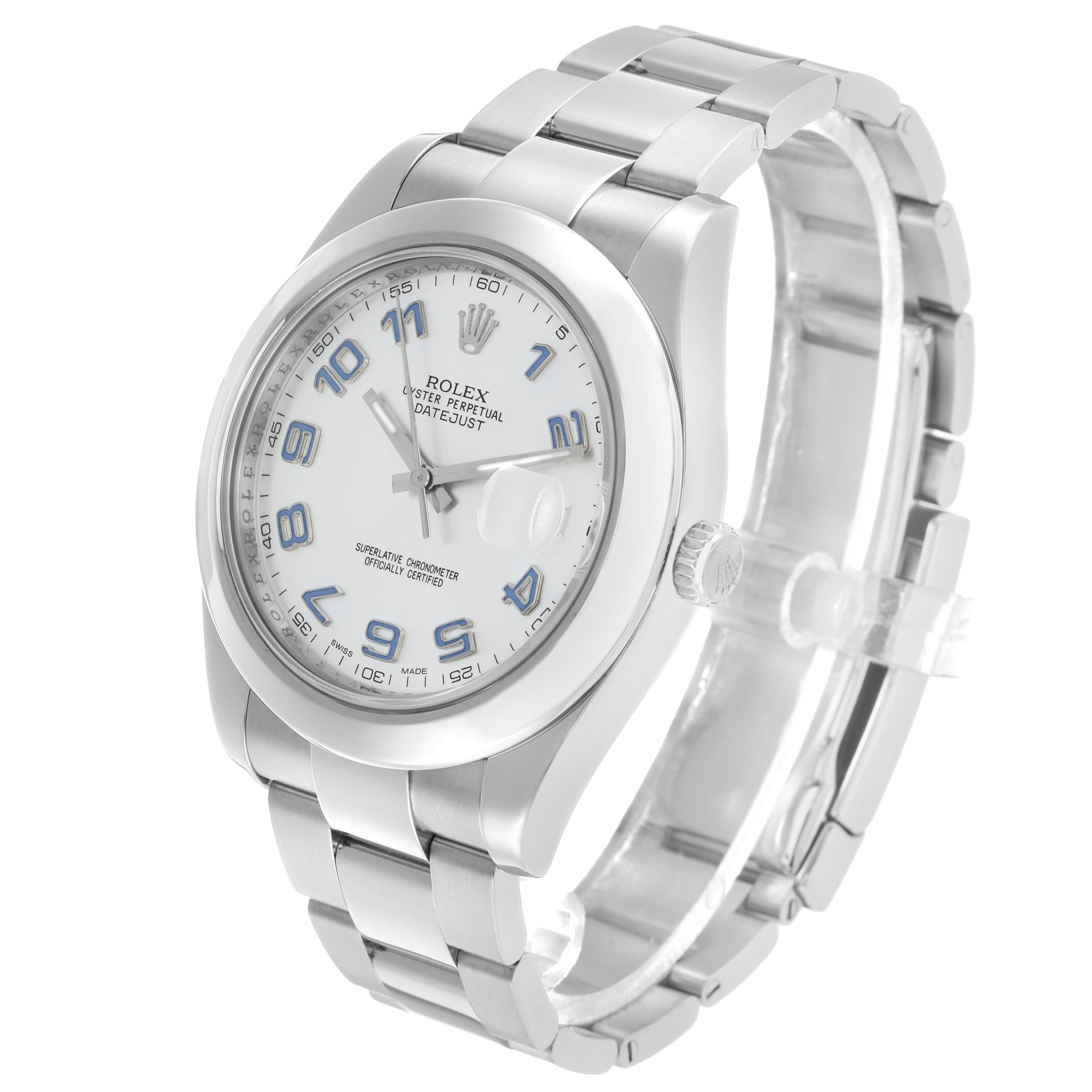 The Rolex Datejust 41 116300 Men's Stainless Steel Silver Dial watch is shown at a three-quarter angle, displaying the face, bezel, and bracelet.