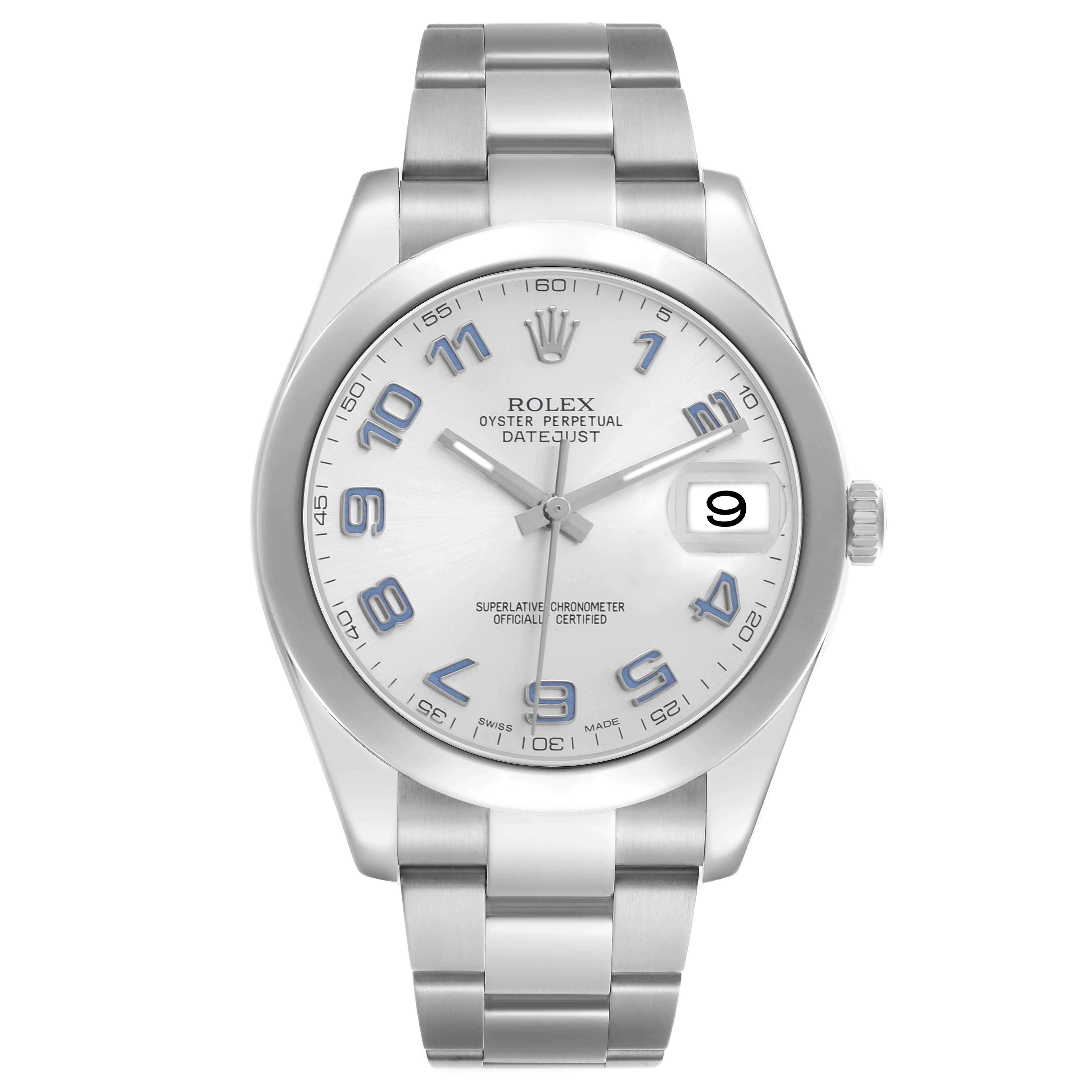 The Rolex Datejust 41 116300 Men's Stainless Steel Silver Dial is shown from a front angle, highlighting its dial, bezel, and bracelet.