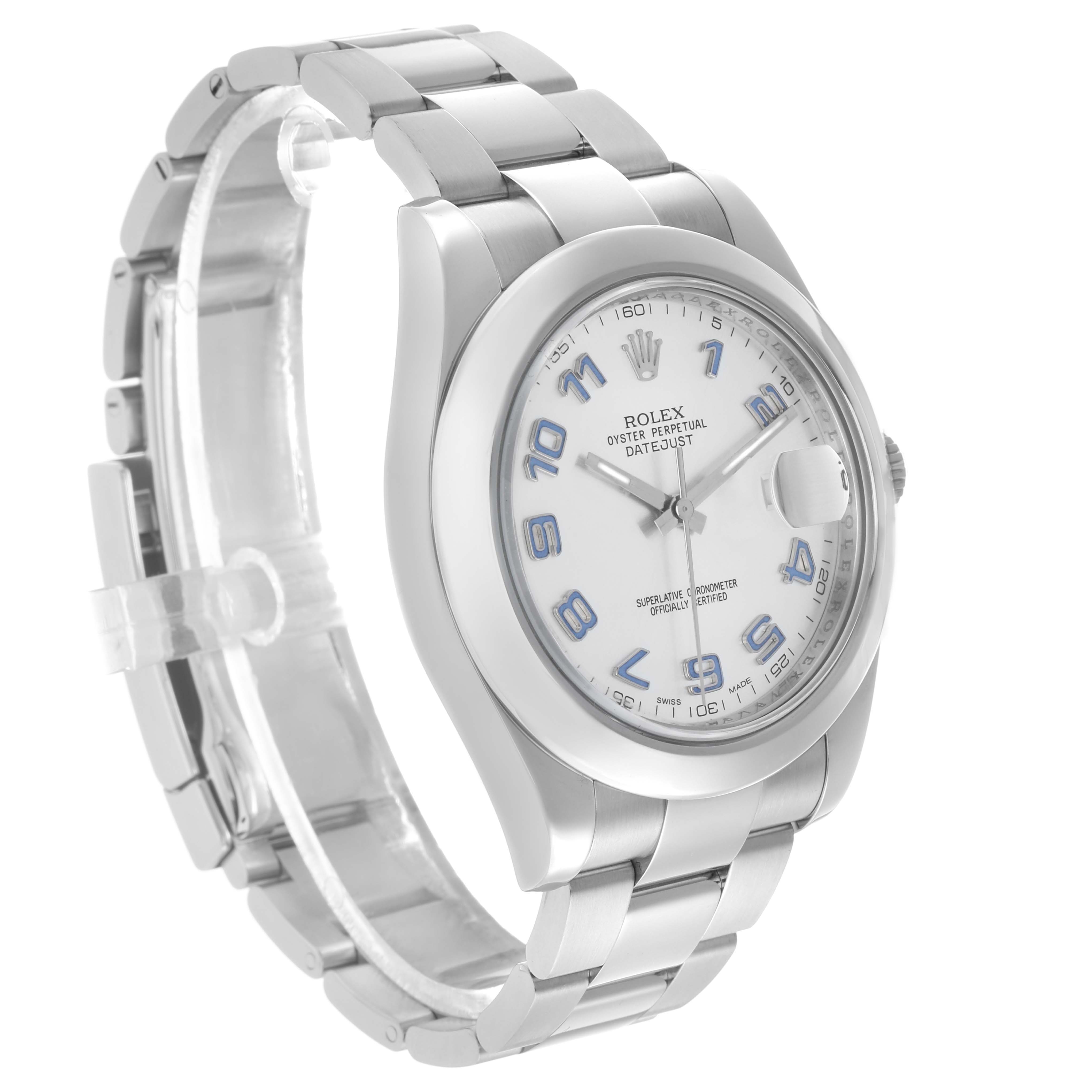The Rolex Datejust 41 116300 Men's Stainless Steel Silver Dial is shown at a three-quarter angle, highlighting the case, bracelet, and dial with blue numerals.