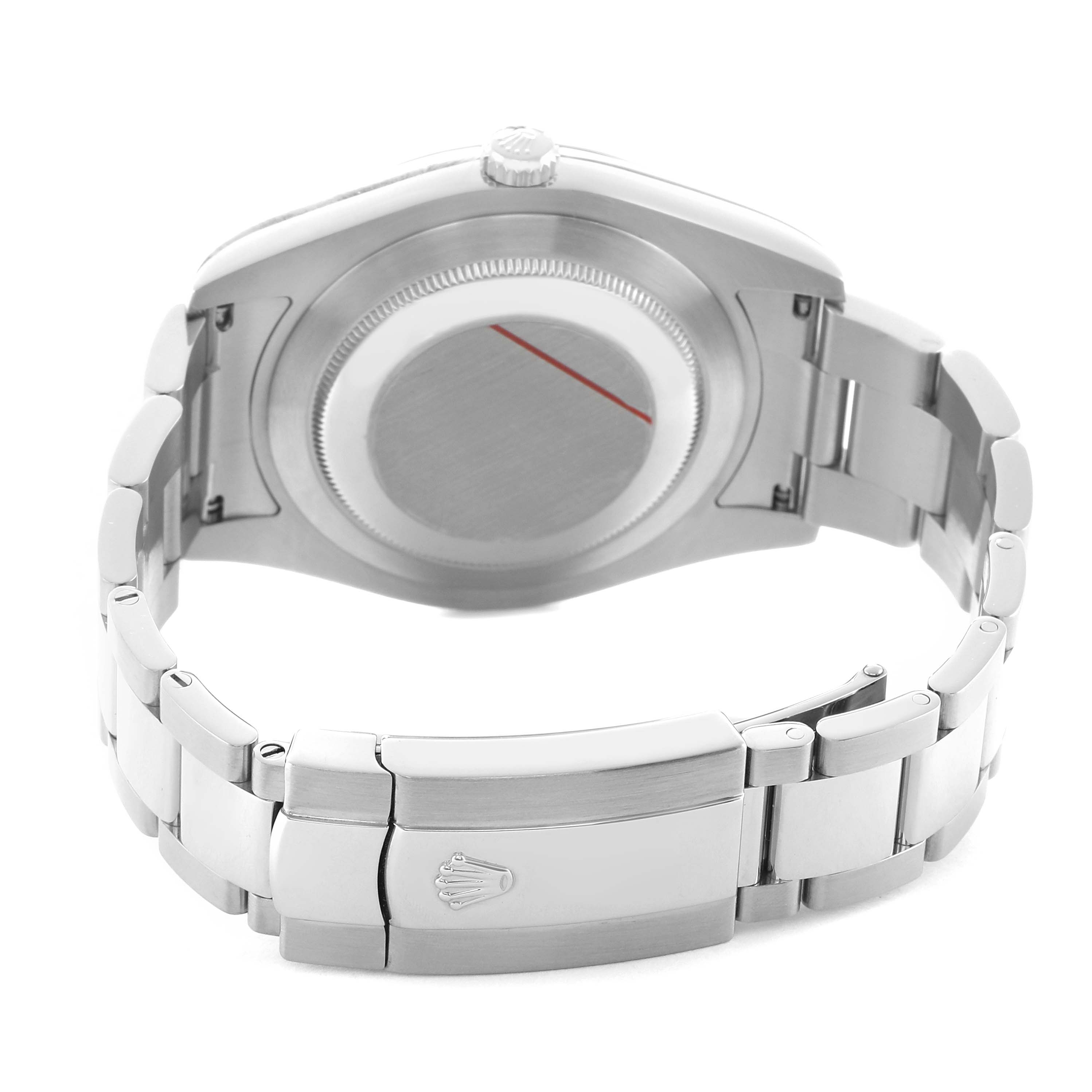 The image shows the back view of the Rolex Datejust 41 116300 Men's Stainless Steel Silver Dial, highlighting the bracelet and case back.