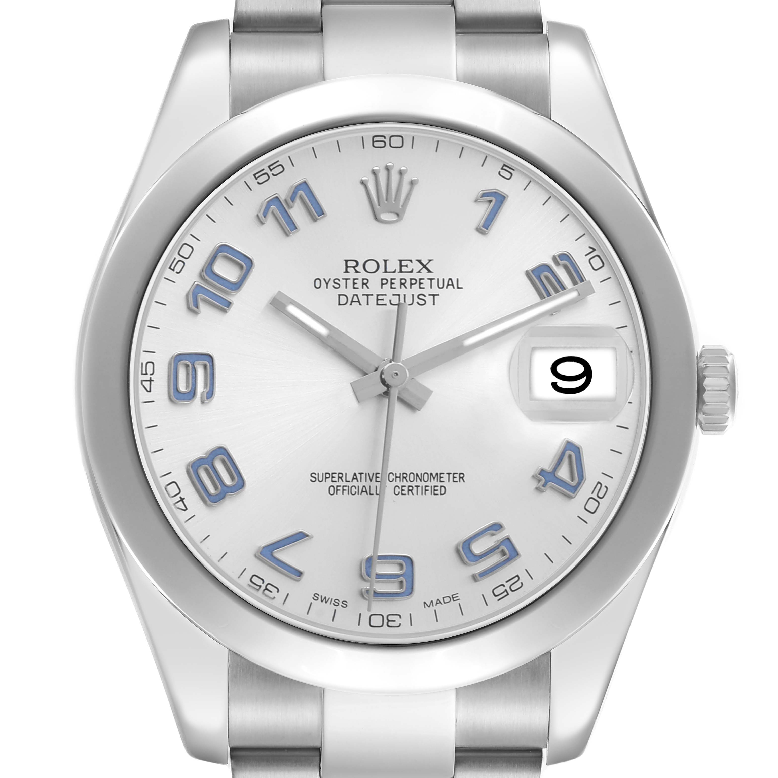 The Rolex Datejust 41 116300 Men's Stainless Steel Silver Dial is shown from the front, highlighting the dial, hands, bezel, and bracelet attachment.