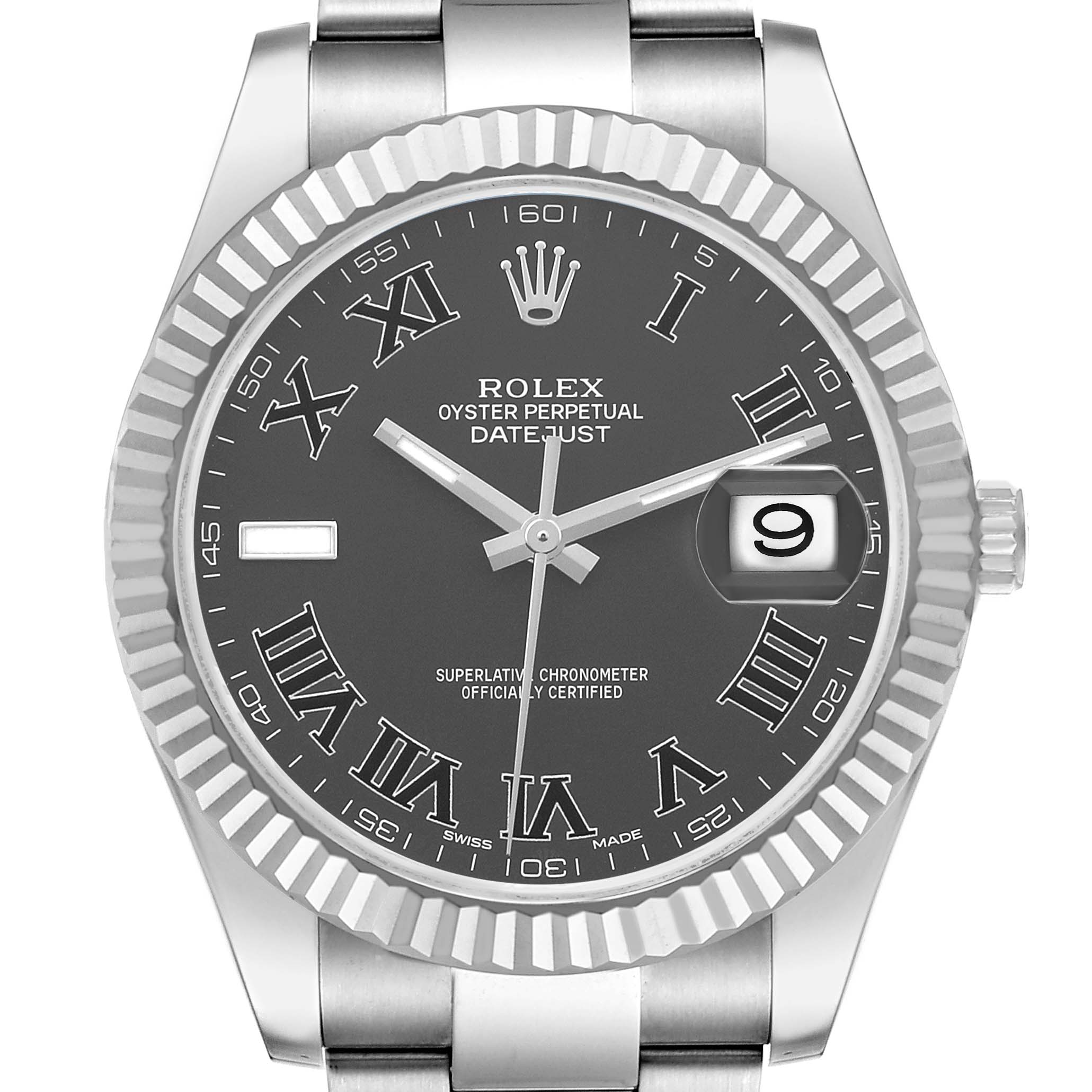 The Rolex Datejust 41 116334 Men's Stainless Steel Black Dial watch is shown from the front, highlighting the dial, fluted bezel, date window, and part of the bracelet.