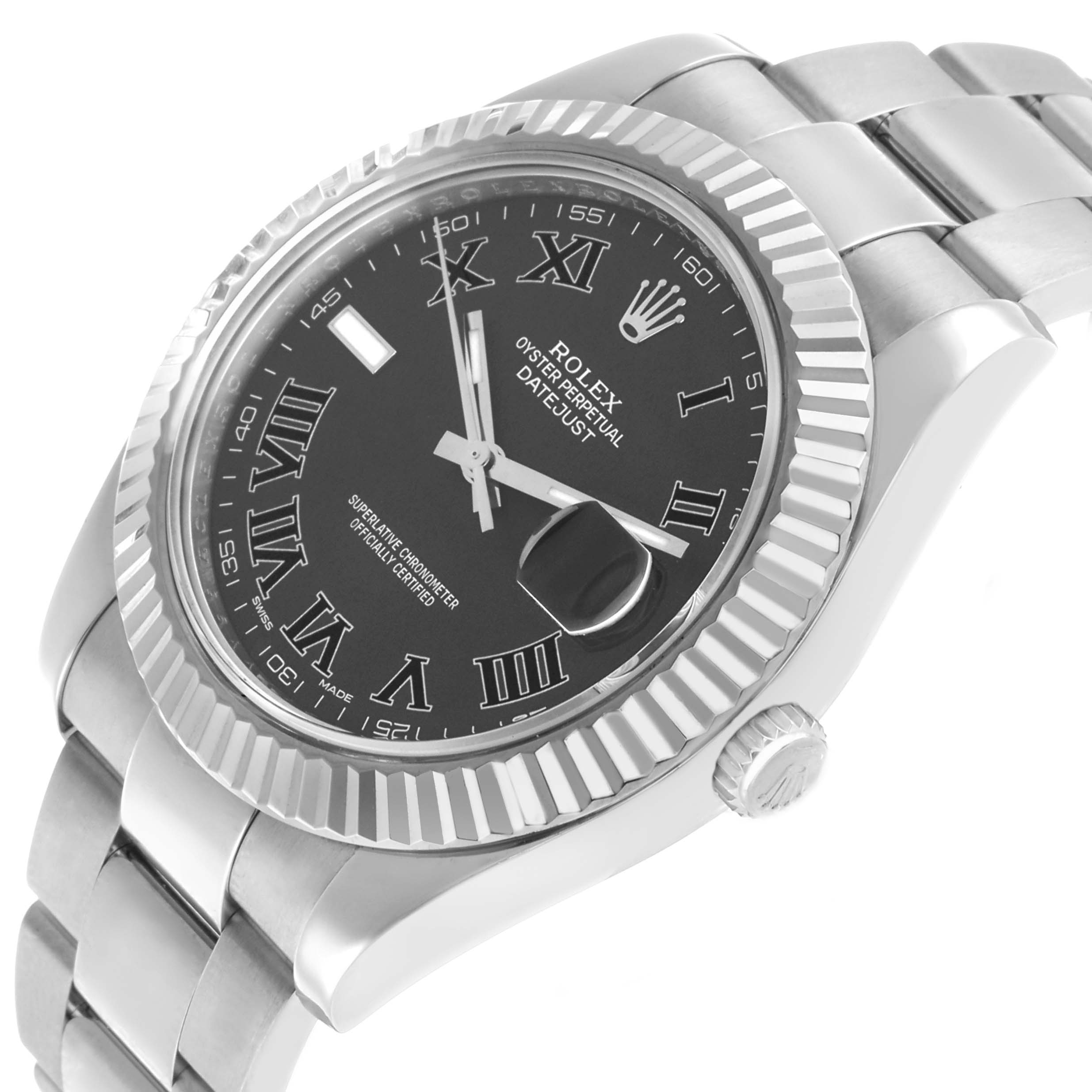 The Rolex Datejust 41 116334 Men's Stainless Steel Black Dial watch is shown at a slight angle, highlighting the bezel, dial, crown, and part of the bracelet.