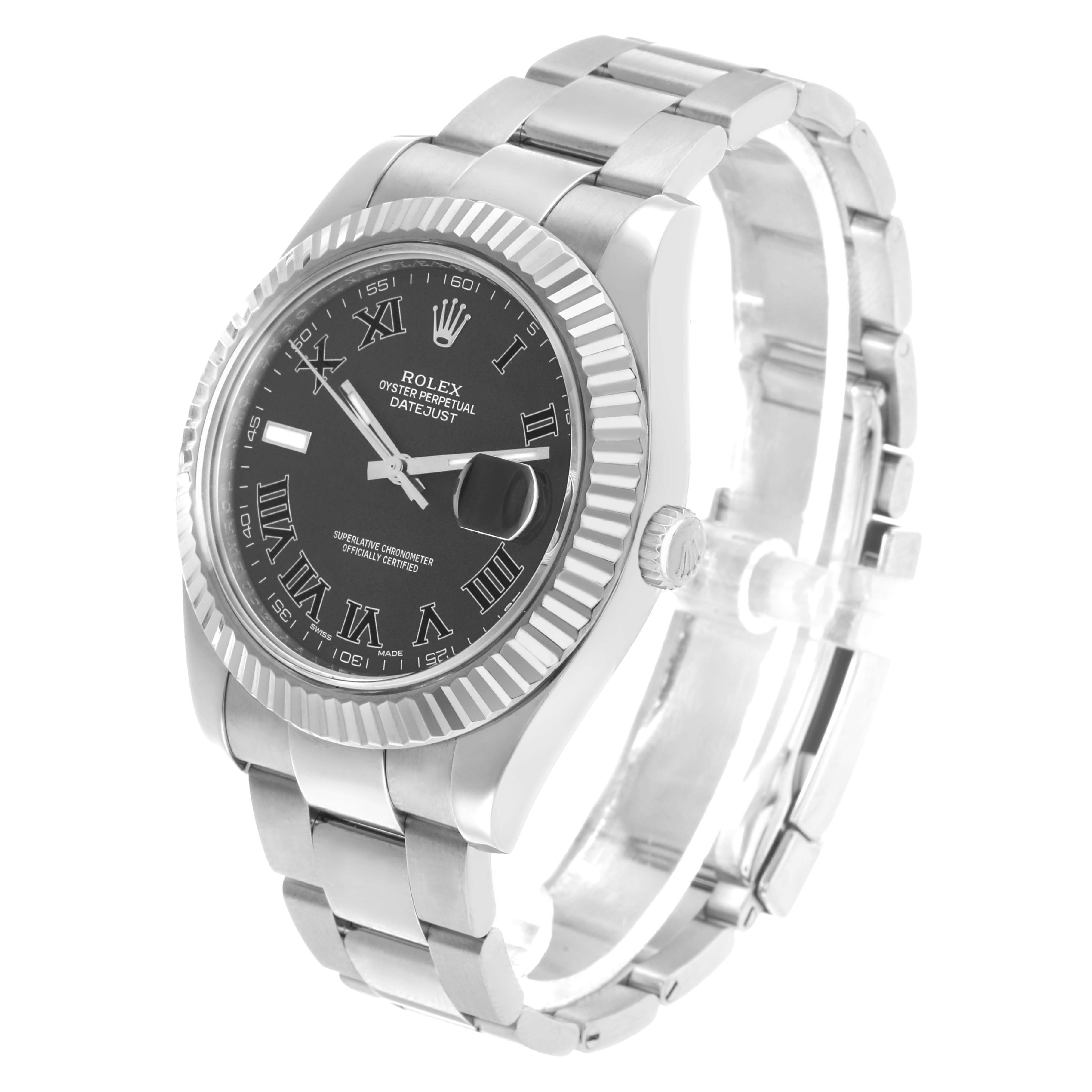The Rolex Datejust 41 116334 Men's Stainless Steel Black Dial is shown at an angled view displaying the bezel, dial, and bracelet.