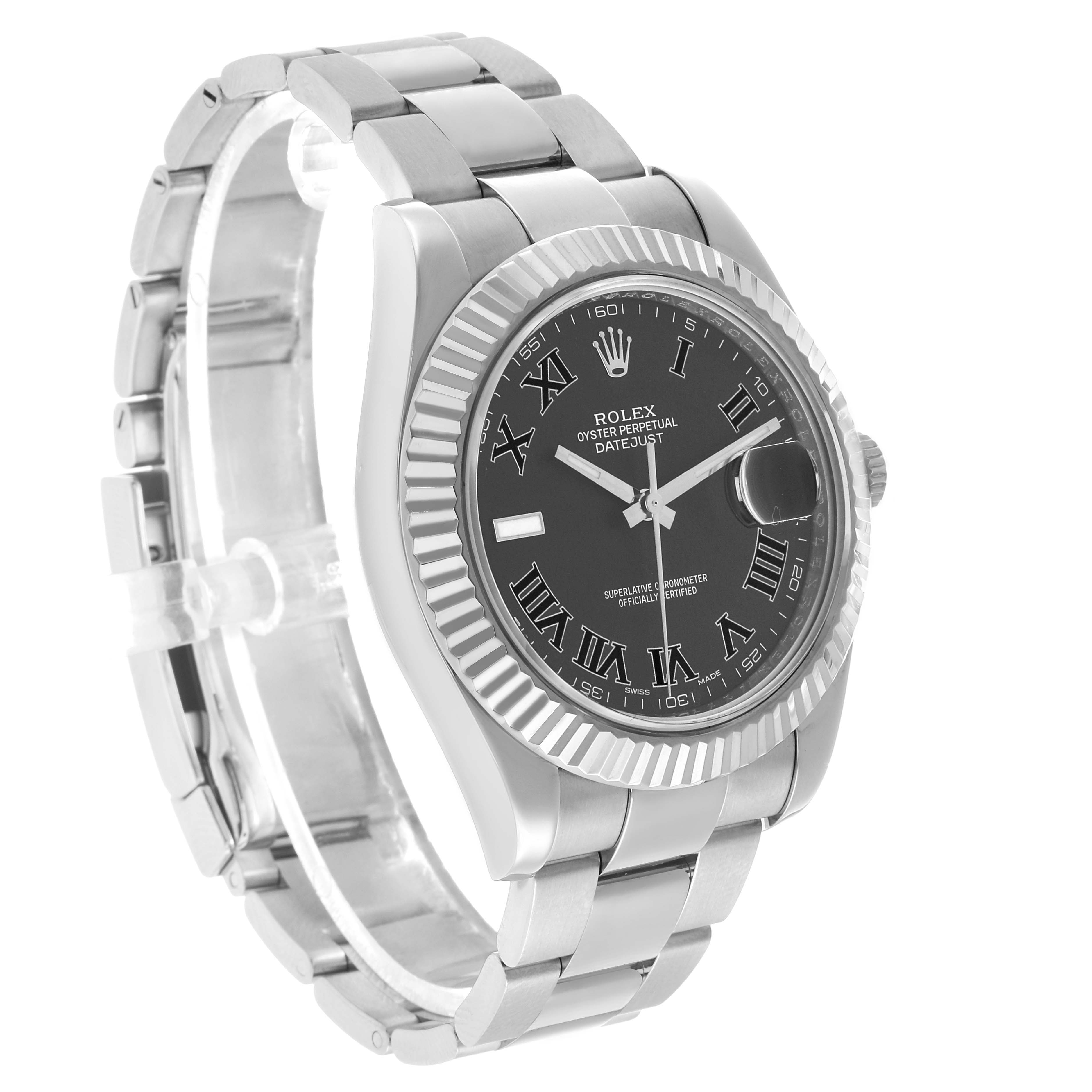 The Rolex Datejust 41 116334 Men's Stainless Steel Black Dial is shown from a three-quarter angle, highlighting the dial, fluted bezel, and bracelet.