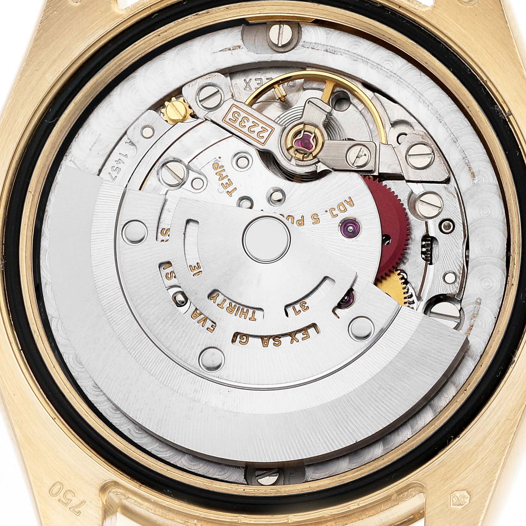 The image shows the inner mechanical movement of a Rolex President 178278 Women
s Yellow Gold Black Dial 178278 Women
s Yellow Gold Black Dial model watch, viewed from the back.