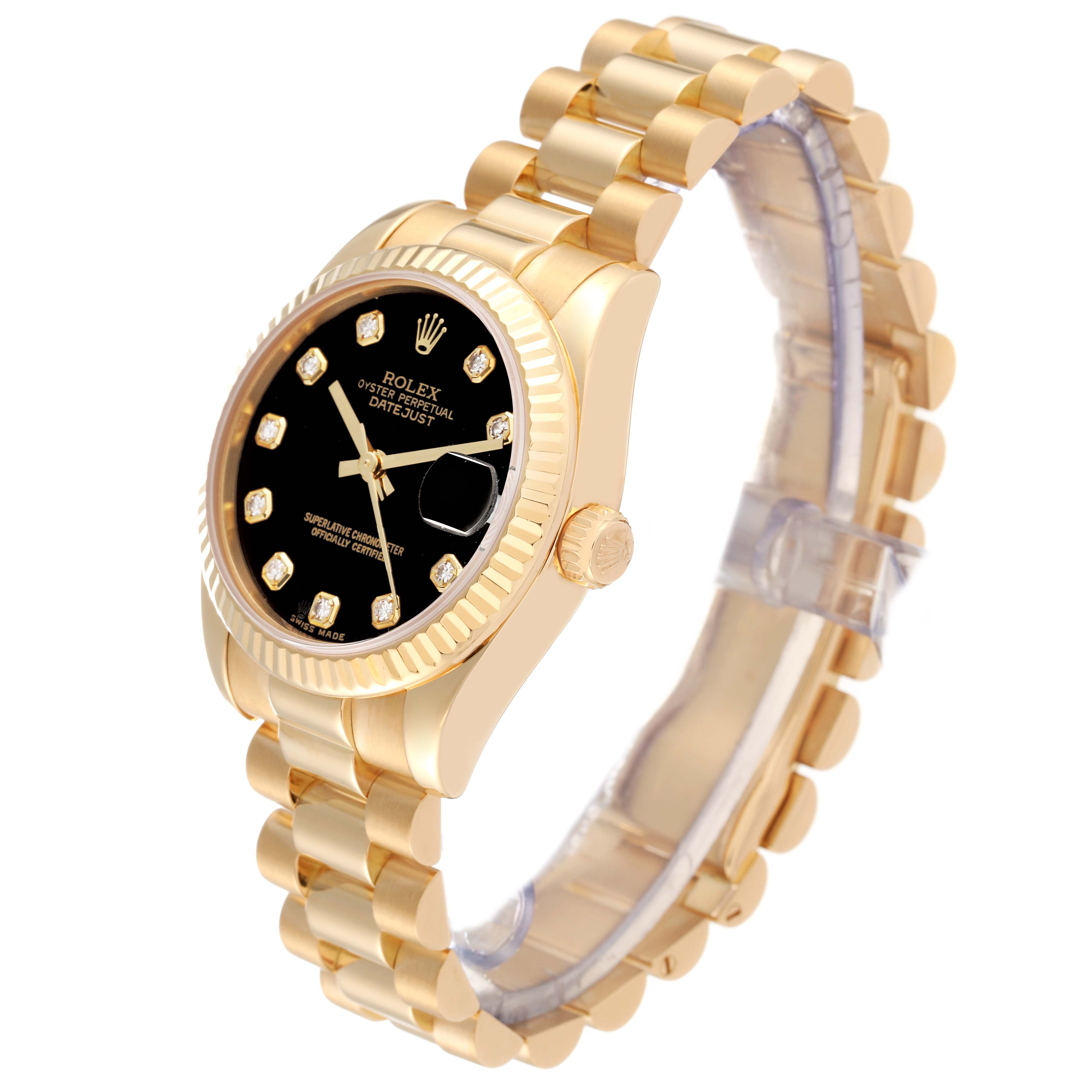 This image shows a side angle of a Rolex President 178278 Women
s Yellow Gold Black Dial 178278 Women
s Yellow Gold Black Dial model watch, highlighting its gold case, bracelet, and black dial with diamond markers.