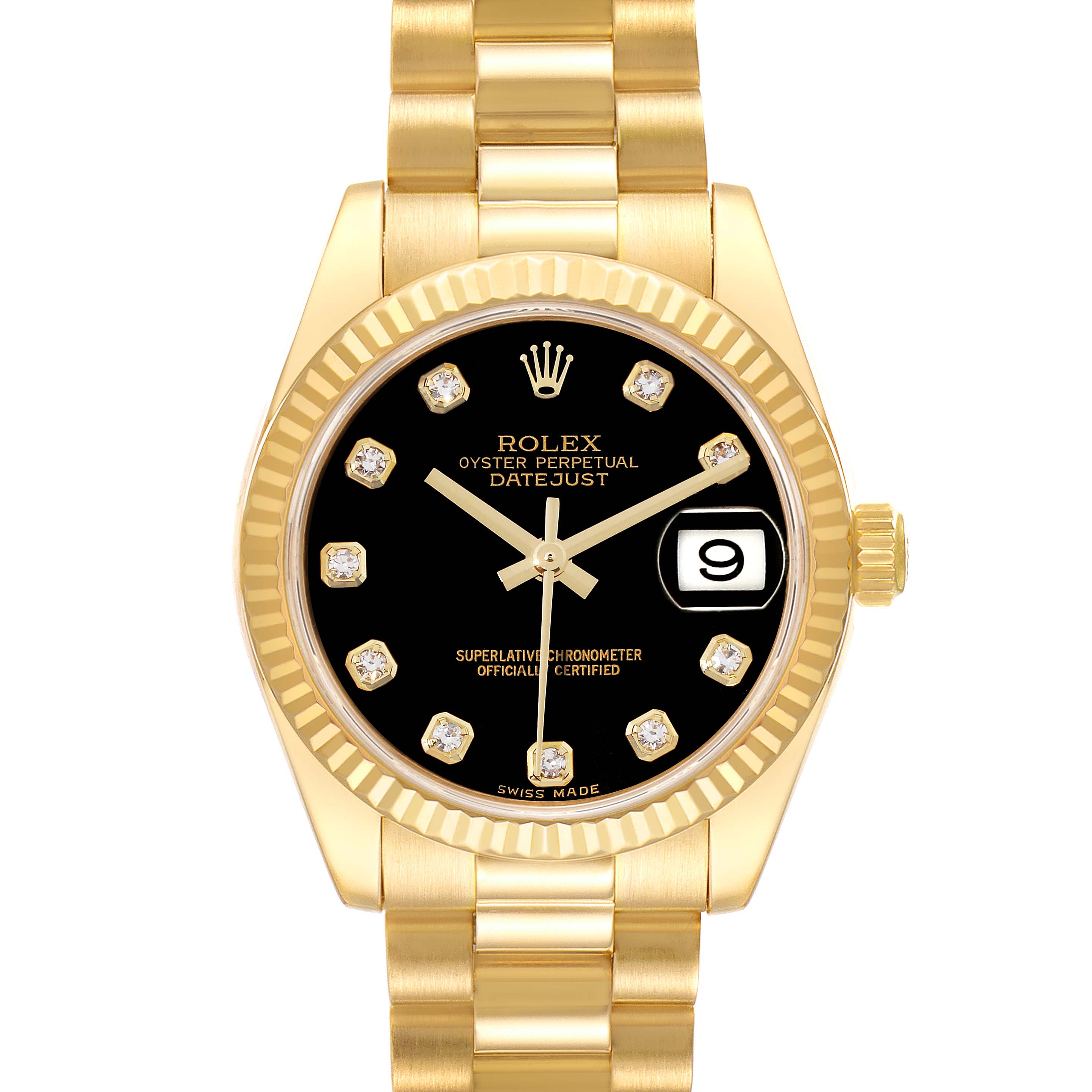 This image features a frontal view of a Rolex President 178278 Women
s Yellow Gold Black Dial 178278 Women
s Yellow Gold Black Dial model watch showcasing the dial, bezel, crown, and bracelet.
