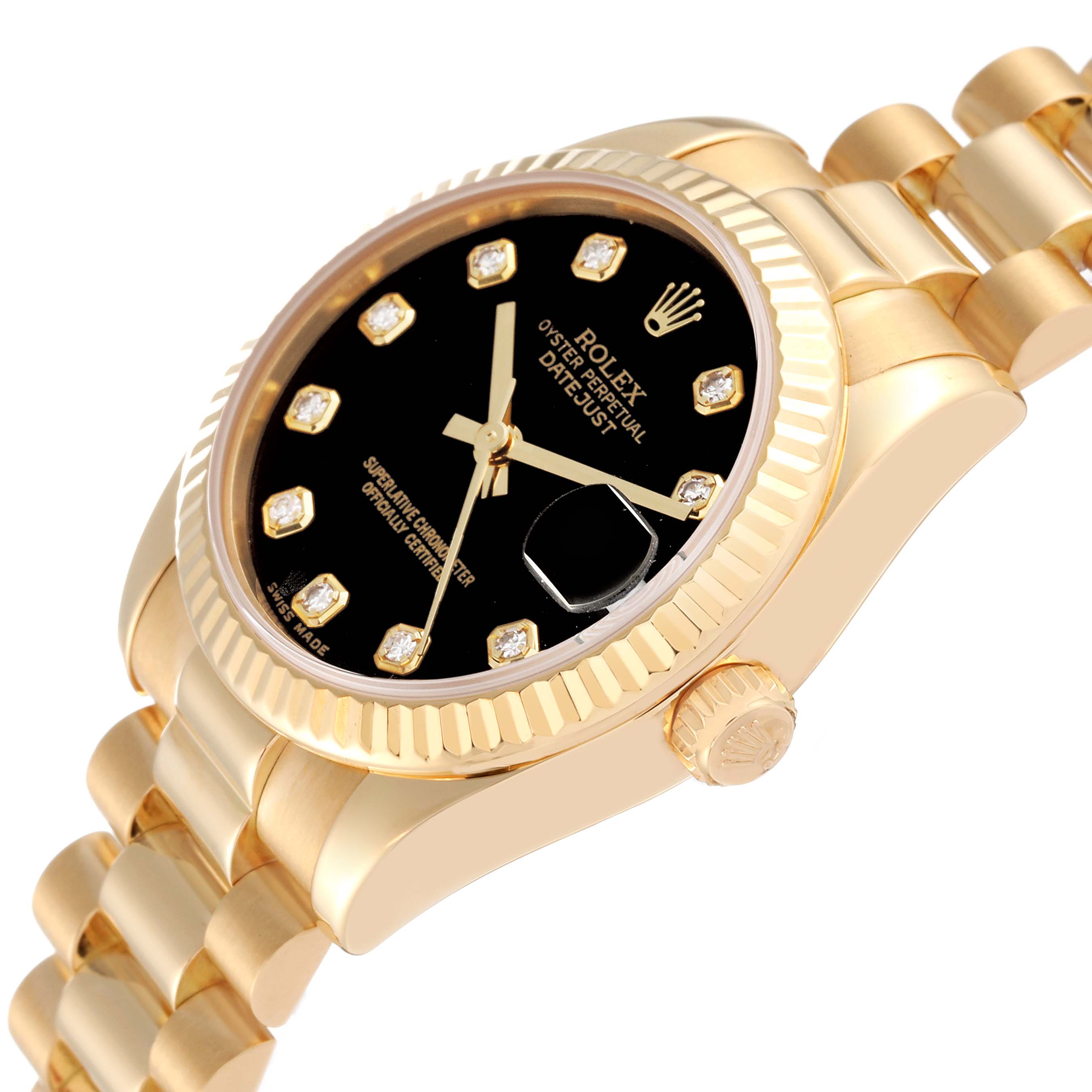 The image shows a Rolex President 178278 Women
s Yellow Gold Black Dial 178278 Women
s Yellow Gold Black Dial model watch at an angle displaying the dial, fluted bezel, bracelet, and crown.