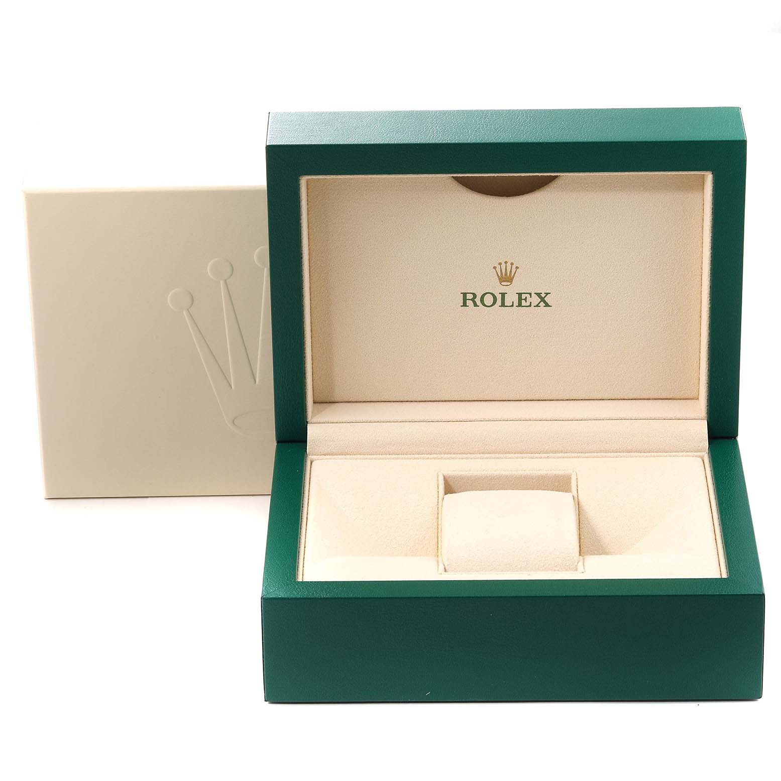 This image shows the open box for a Rolex President 178278 Women
s Yellow Gold Black Dial 178278 Women
s Yellow Gold Black Dial model watch, featuring green and beige interior with the Rolex logo.