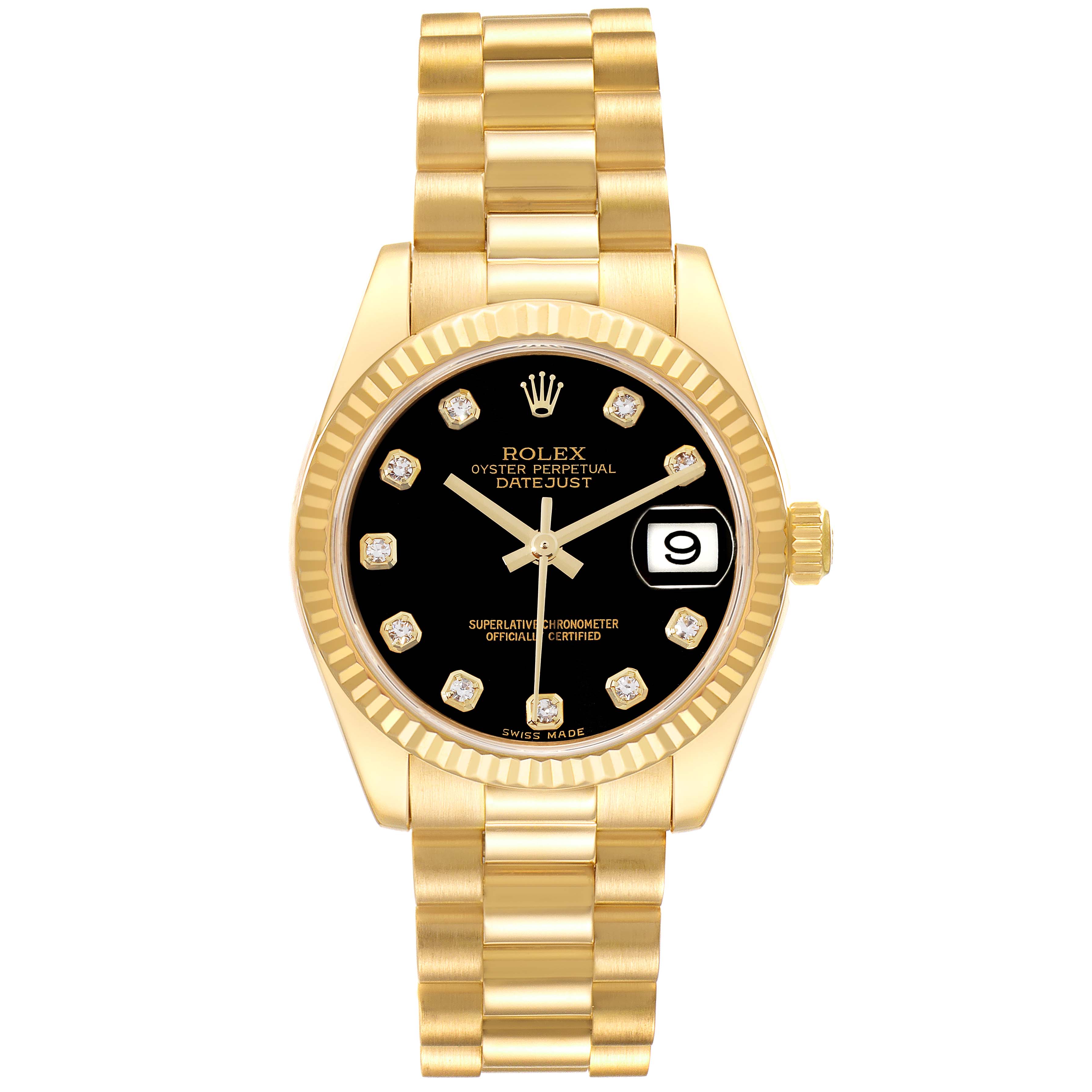 The Rolex President 178278 Women
s Yellow Gold Black Dial 178278 Women
s Yellow Gold Black Dial model watch is shown from the front, featuring a gold bracelet, black dial, date window, and diamond hour markers.